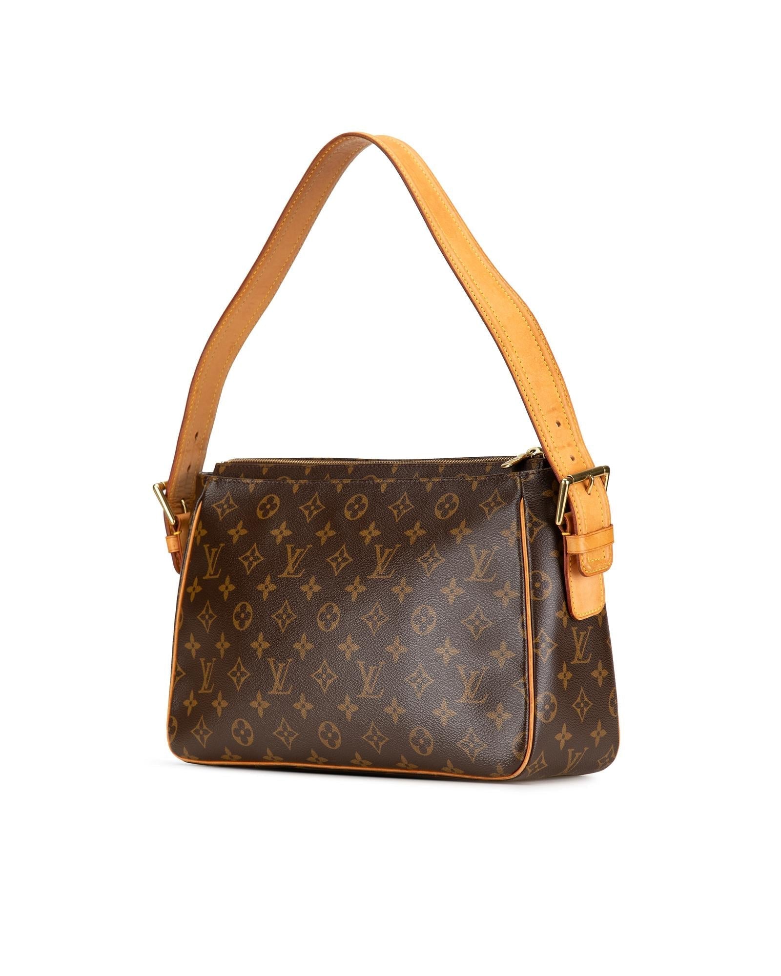 Monogram Canvas Shoulder Bag with Adjustable Strap and Multiple Pockets