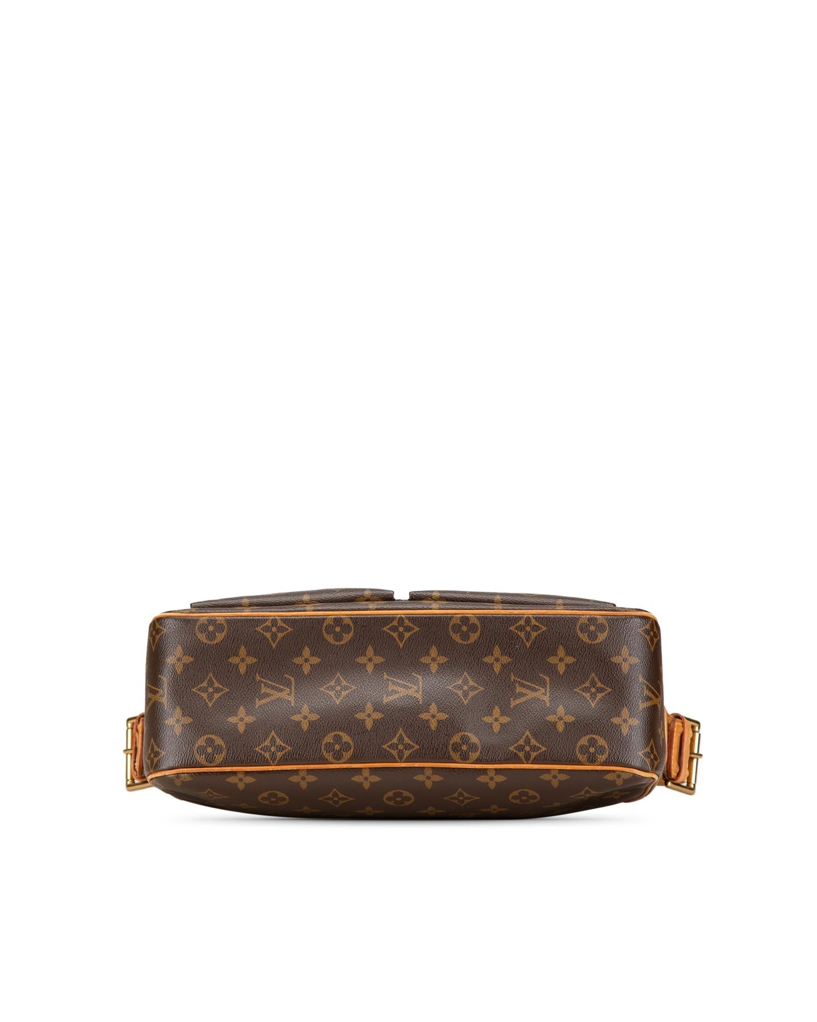 Monogram Canvas Shoulder Bag with Adjustable Strap and Multiple Pockets