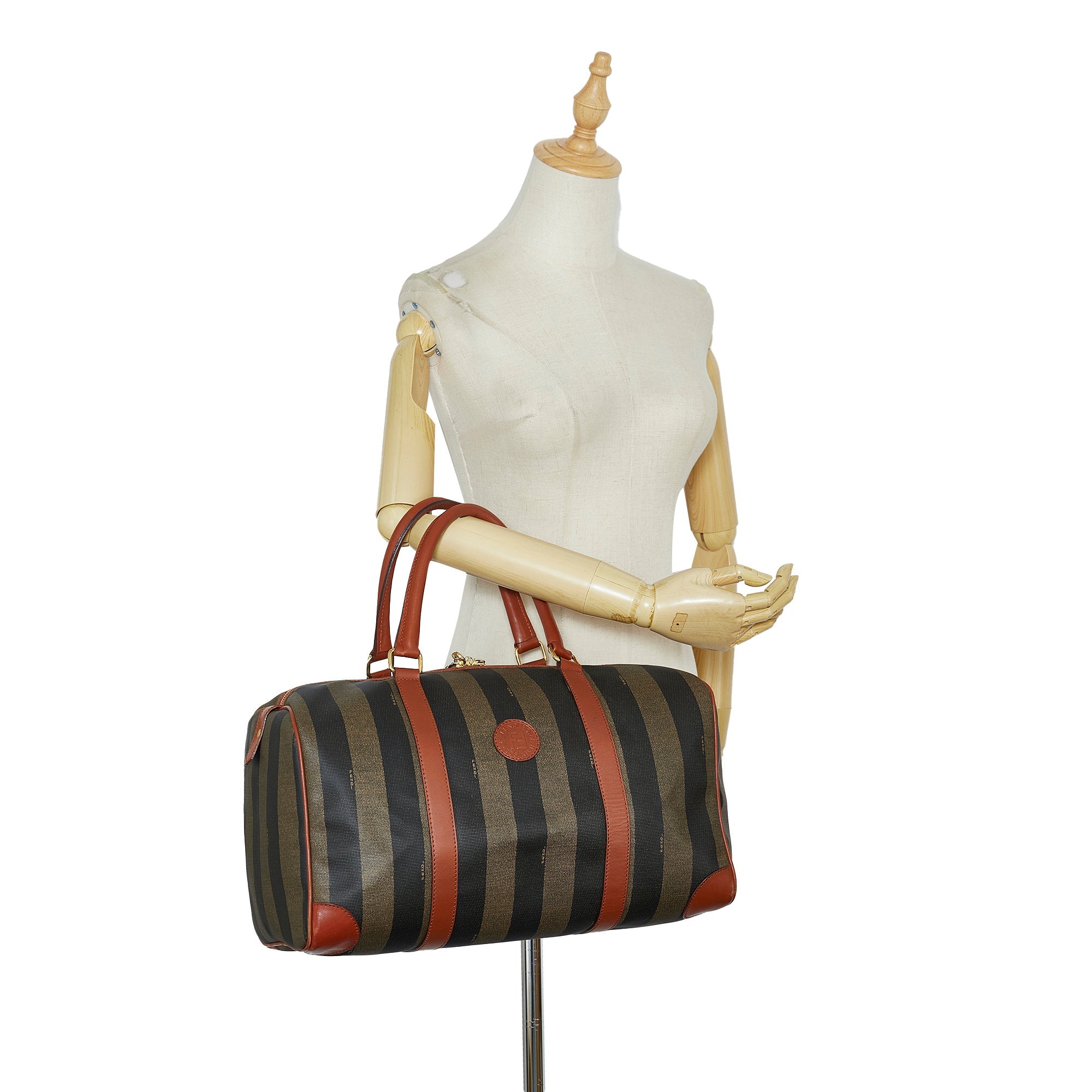 Fendi Boston Bag Green Striped Pequin Canvas