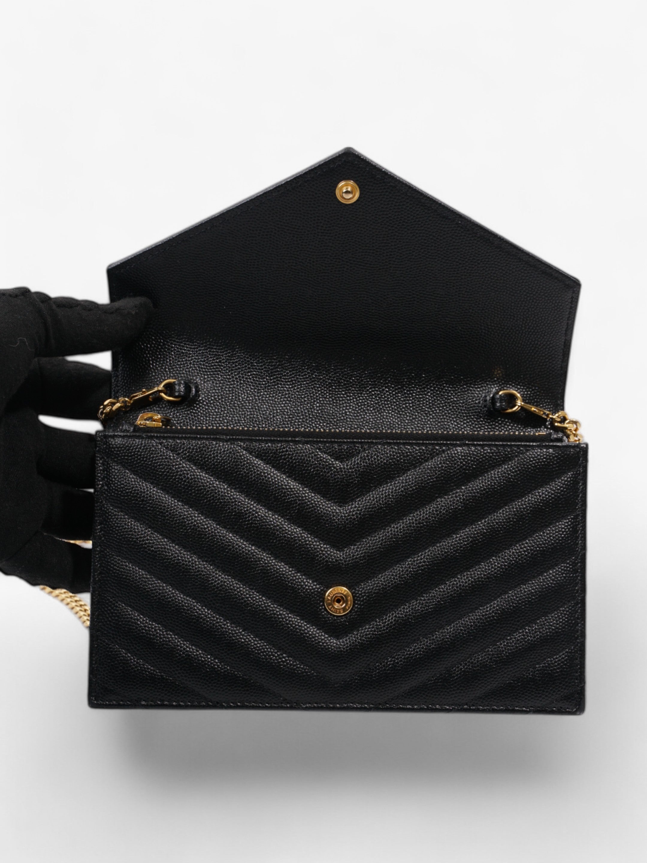 Saint Laurent Cassandre Chain Wallet Black Calfskin Leather