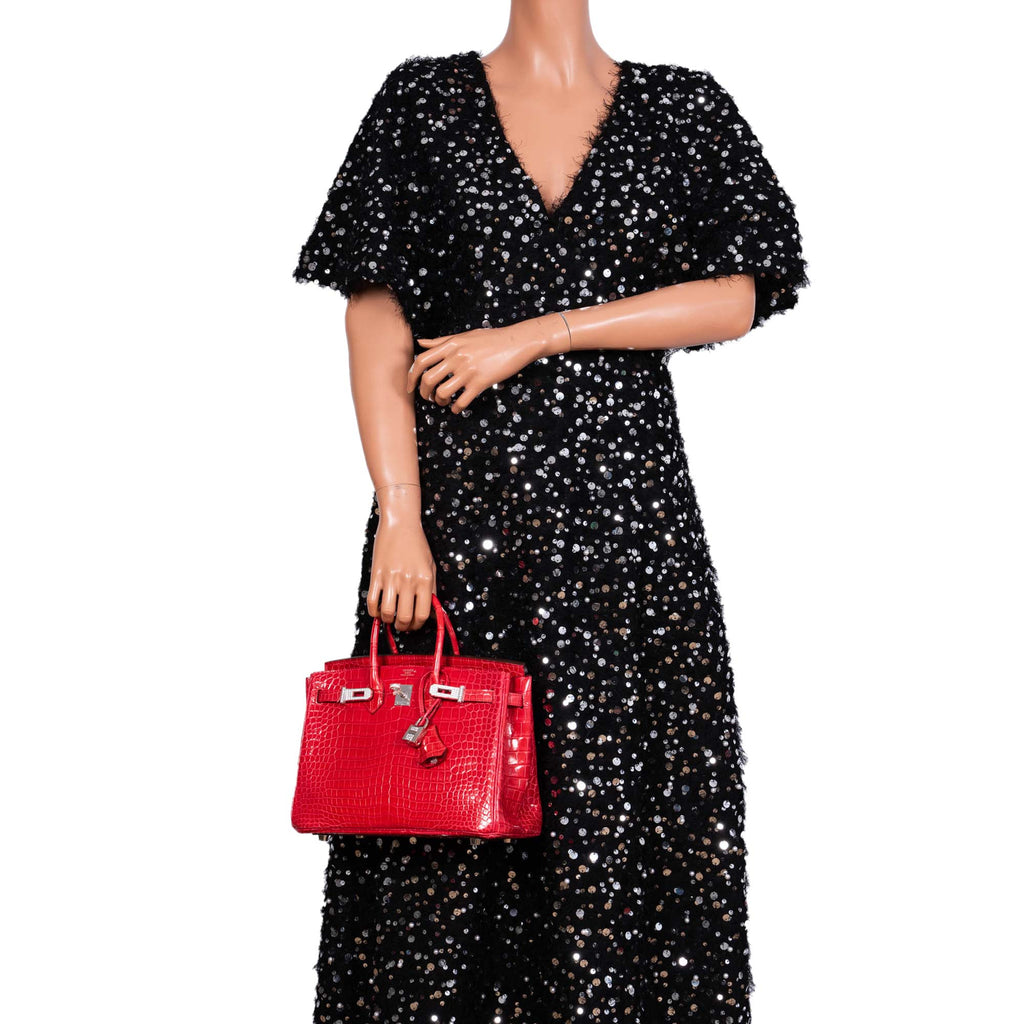 HermÃƒÆ’Ã‚Â¨s Birkin 25 Rouge de Coeur Shiny Porosus Crocodile 18K White Gold Hardware & Diamonds - 2020, Y