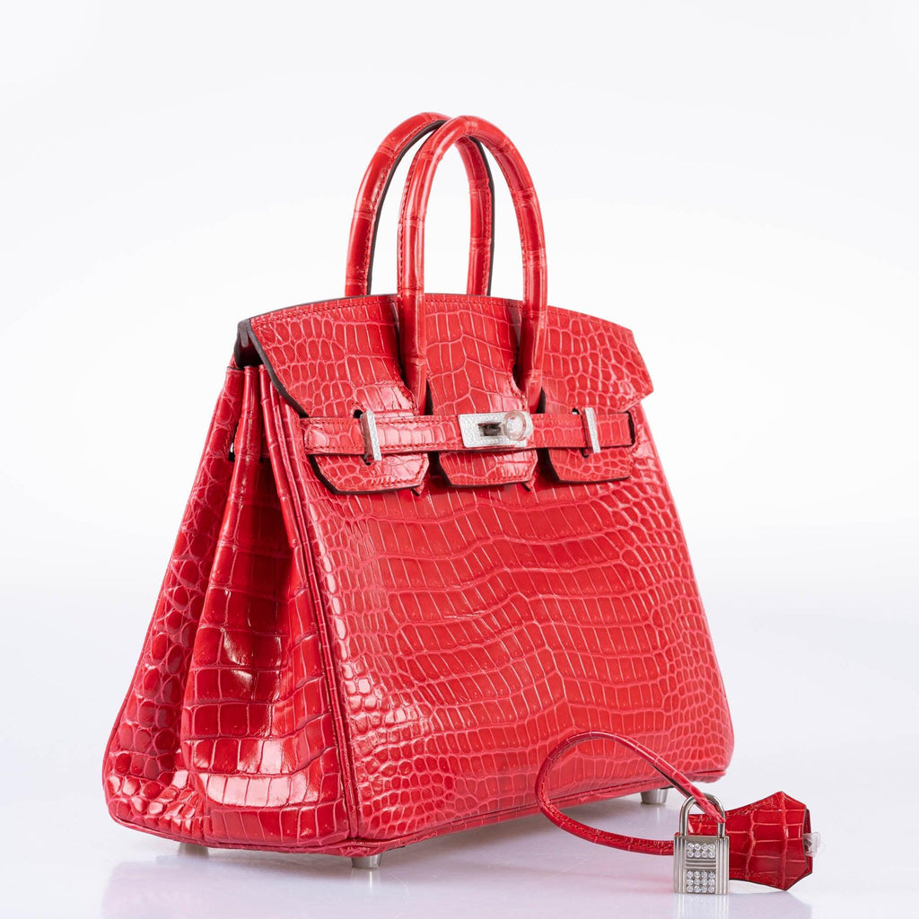 HermÃƒÆ’Ã‚Â¨s Birkin 25 Rouge de Coeur Shiny Porosus Crocodile 18K White Gold Hardware & Diamonds - 2020, Y