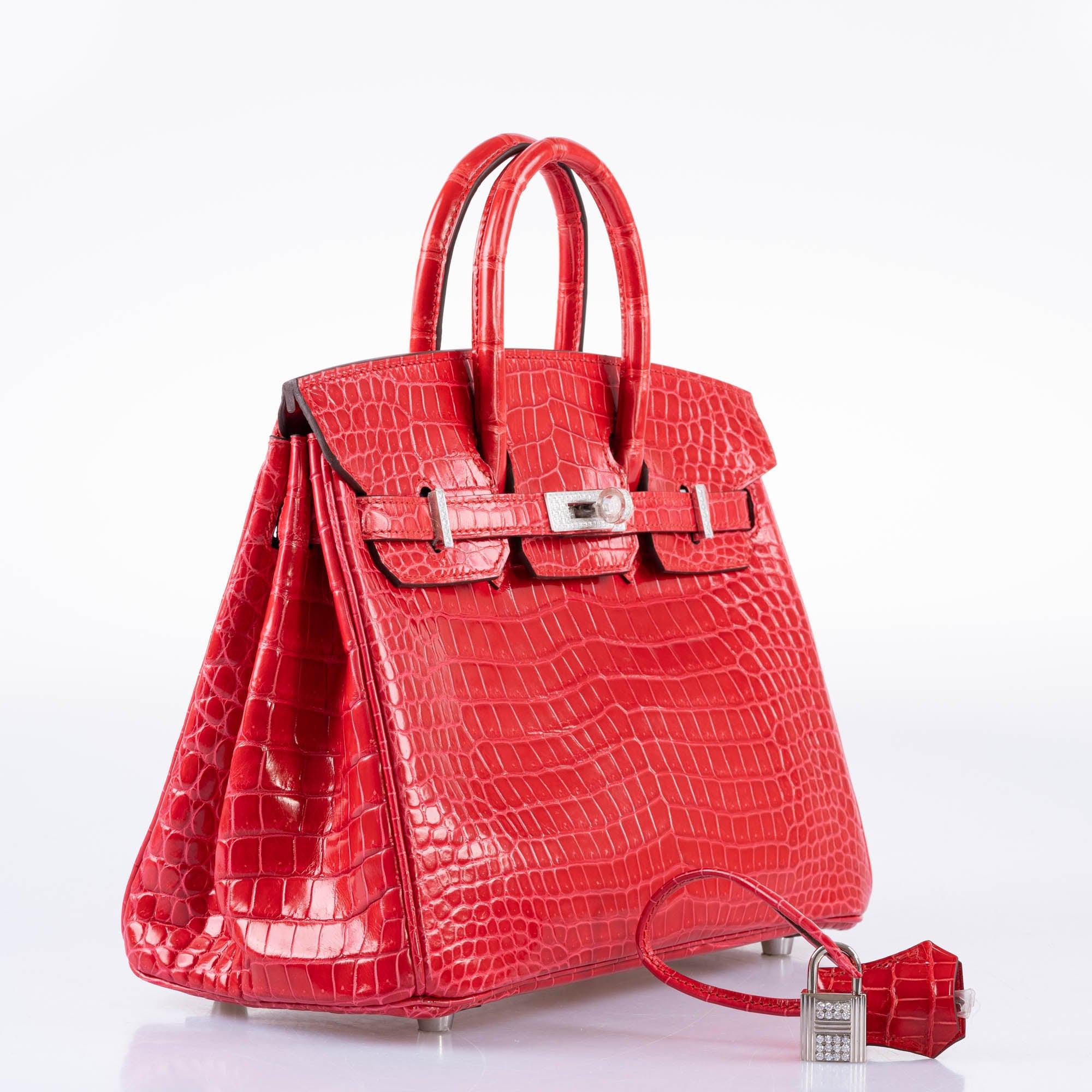 HermÃƒÆ’Ã‚Â¨s Birkin 25 Rouge de Coeur Shiny Porosus Crocodile 18K White Gold Hardware & Diamonds - 2020, Y