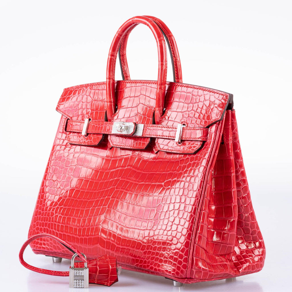 HermÃƒÆ’Ã‚Â¨s Birkin 25 Rouge de Coeur Shiny Porosus Crocodile 18K White Gold Hardware & Diamonds - 2020, Y