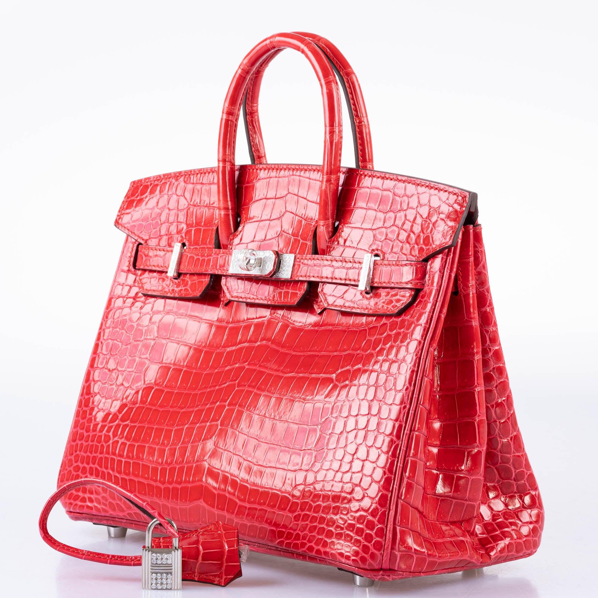HermÃƒÆ’Ã‚Â¨s Birkin 25 Rouge de Coeur Shiny Porosus Crocodile 18K White Gold Hardware & Diamonds - 2020, Y