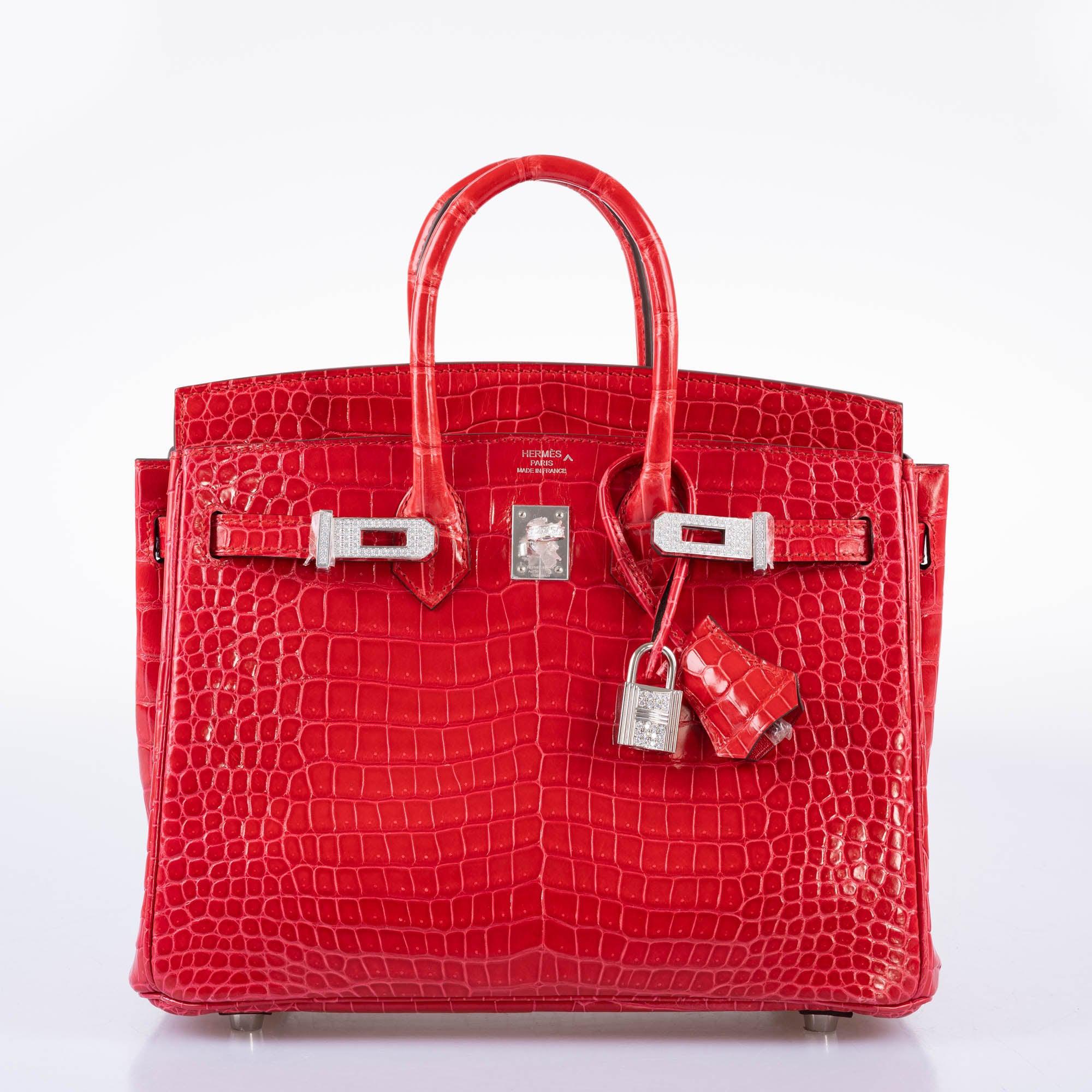 HermÃƒÆ’Ã‚Â¨s Birkin 25 Rouge de Coeur Shiny Porosus Crocodile 18K White Gold Hardware & Diamonds - 2020, Y