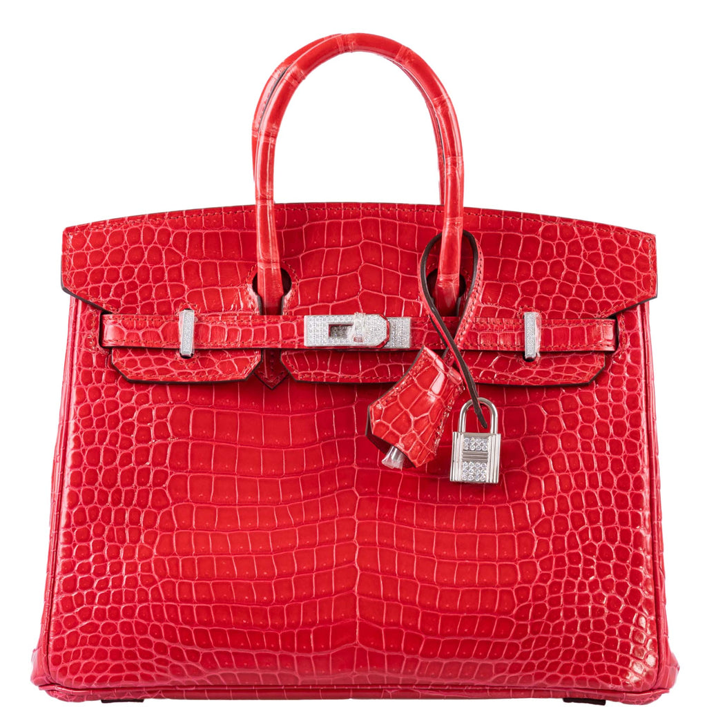 HermÃƒÆ’Ã‚Â¨s Birkin 25 Rouge de Coeur Shiny Porosus Crocodile 18K White Gold Hardware & Diamonds - 2020, Y