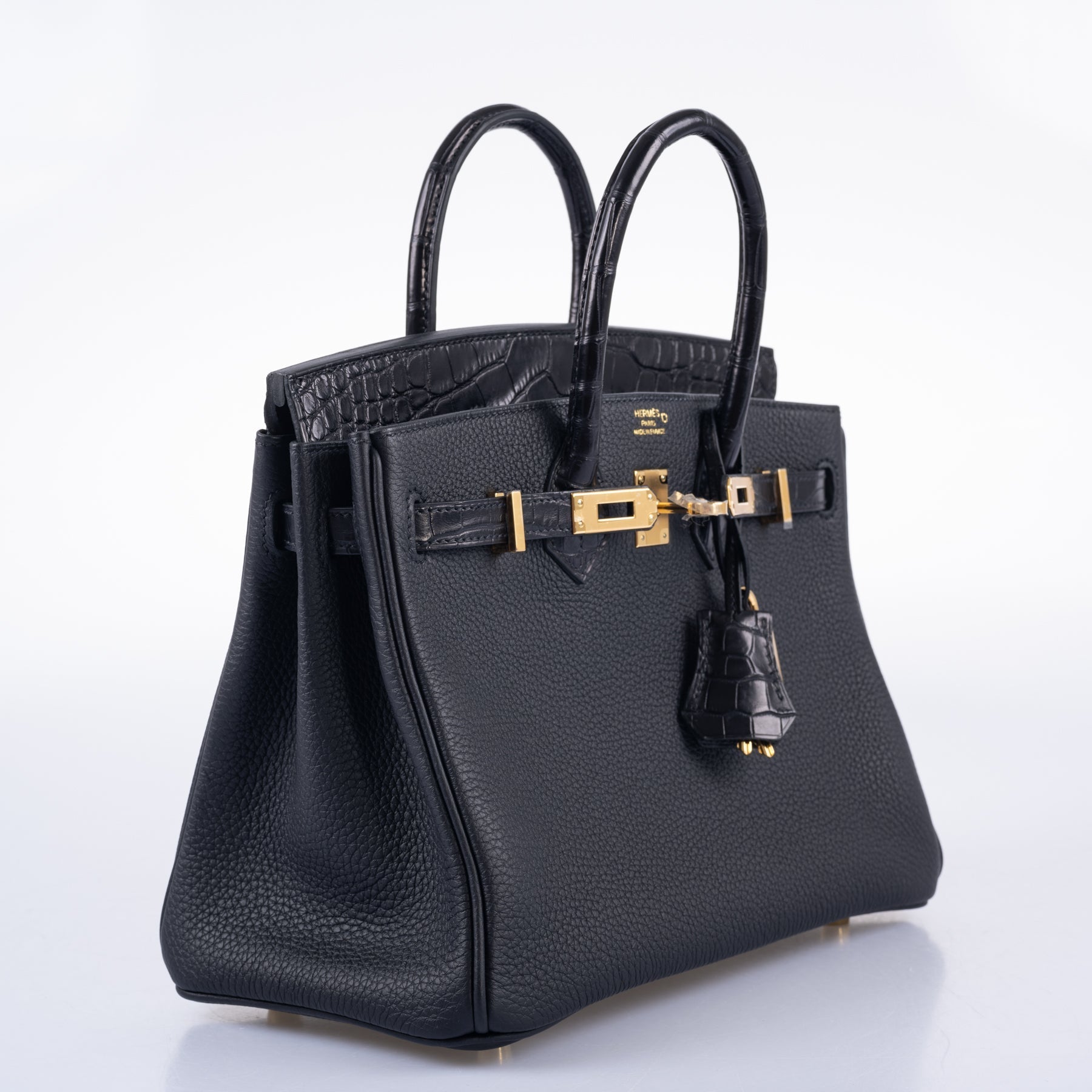 HermÃƒÆ’Ã‚Â¨s Birkin 25 Touch Black Togo and Matte Alligator Gold Hardware