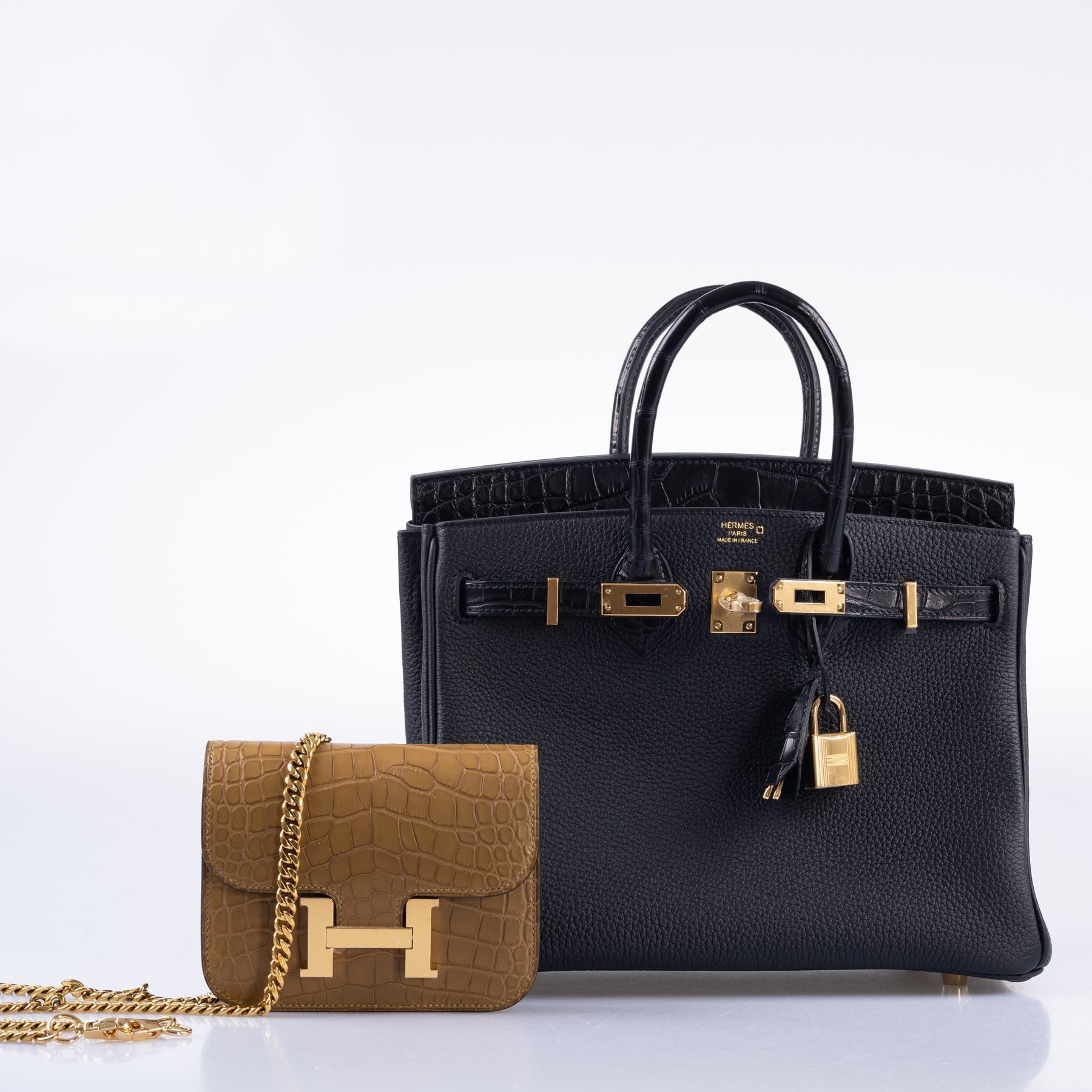 HermÃƒÆ’Ã‚Â¨s Birkin 25 Touch Black Togo and Matte Alligator Gold Hardware