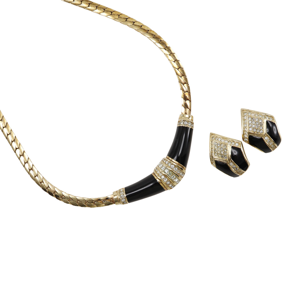 Christian Dior Necklace Plated Gold, Rhinestones gold vintage Earing set Women Used