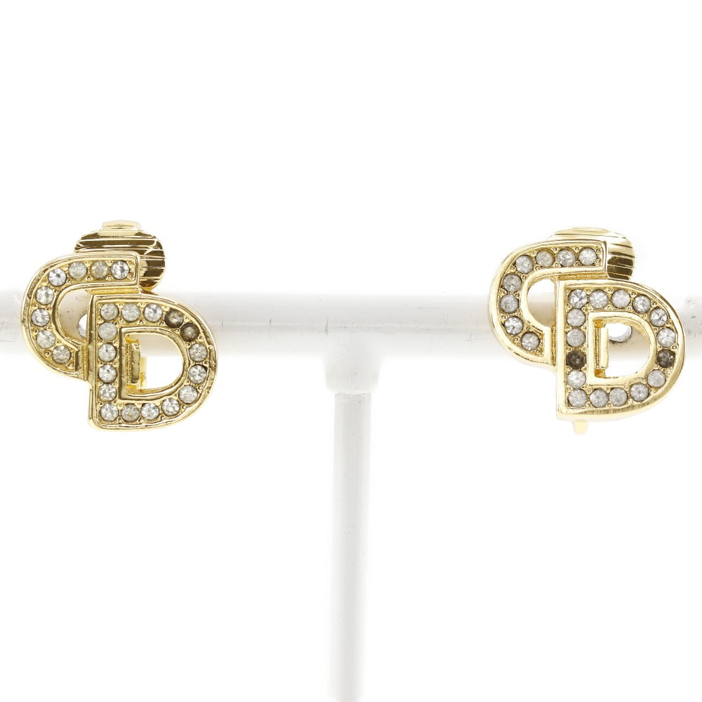 Christian Dior Earring Plated Gold, Rhinestones gold CD logo Women Used