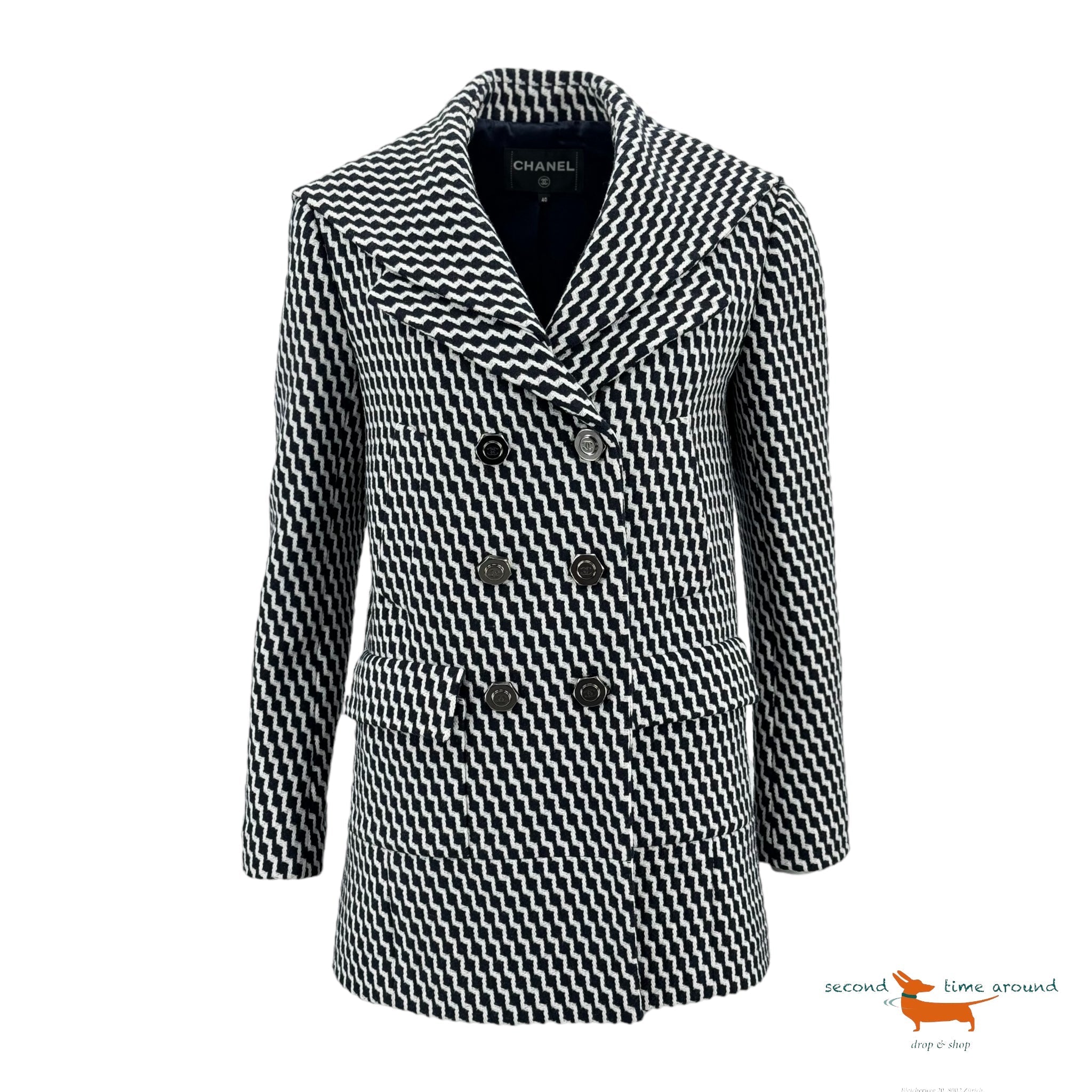 Chanel blue & white Wool Hamburg Zigzag Peacoat Jacket