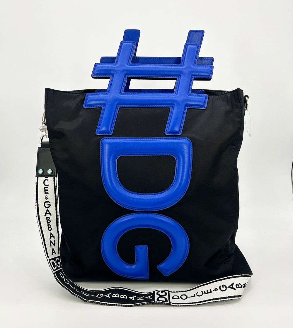 Dolce and Gabbana Black Nylon Blue Leather Hashtag Tote