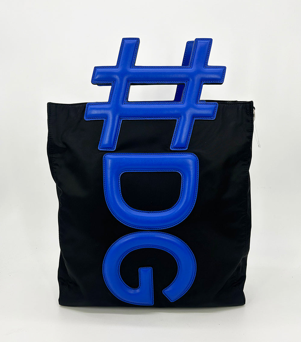 Dolce and Gabbana Black Nylon Blue Leather Hashtag Tote