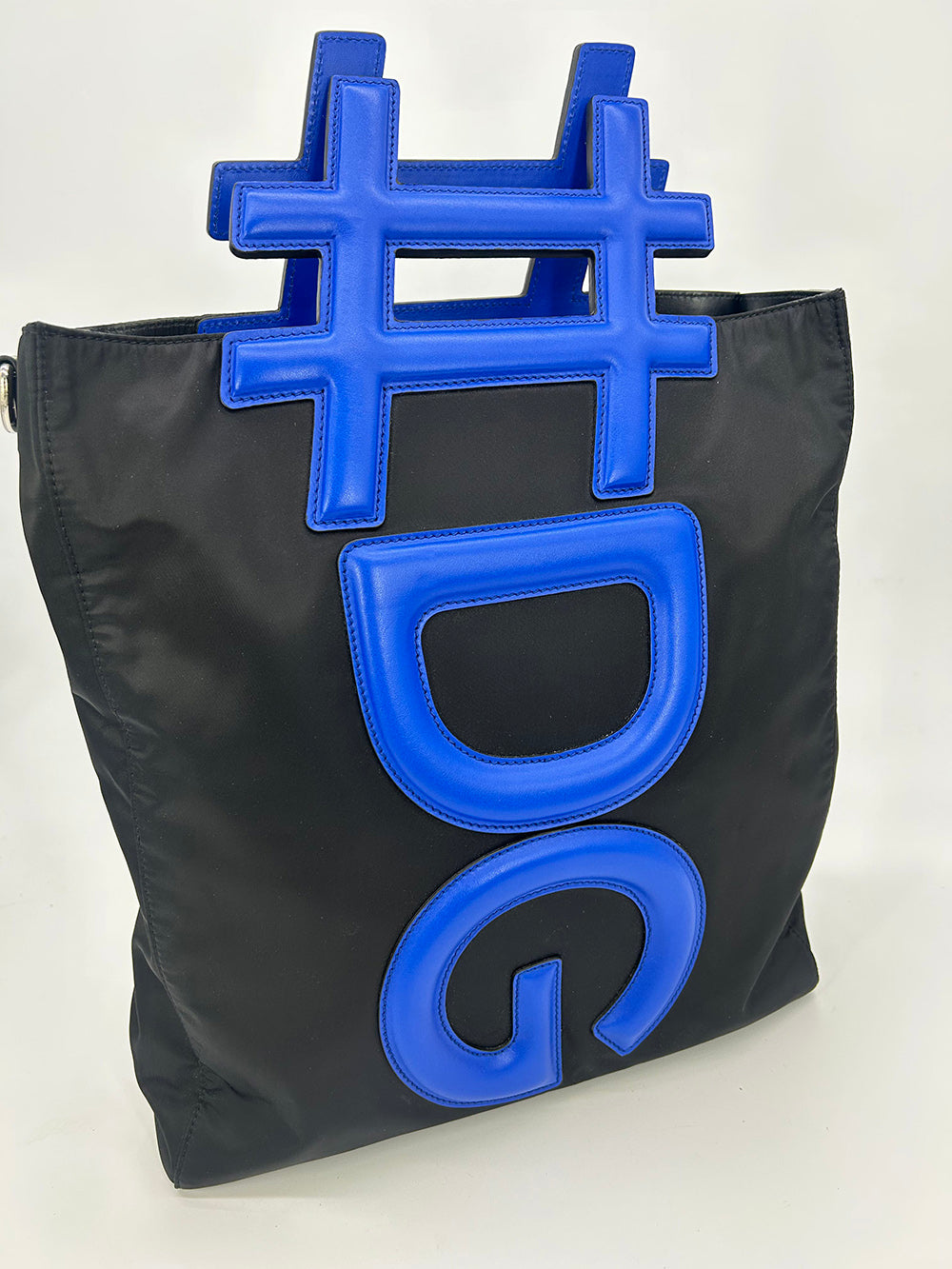 Dolce and Gabbana Black Nylon Blue Leather Hashtag Tote