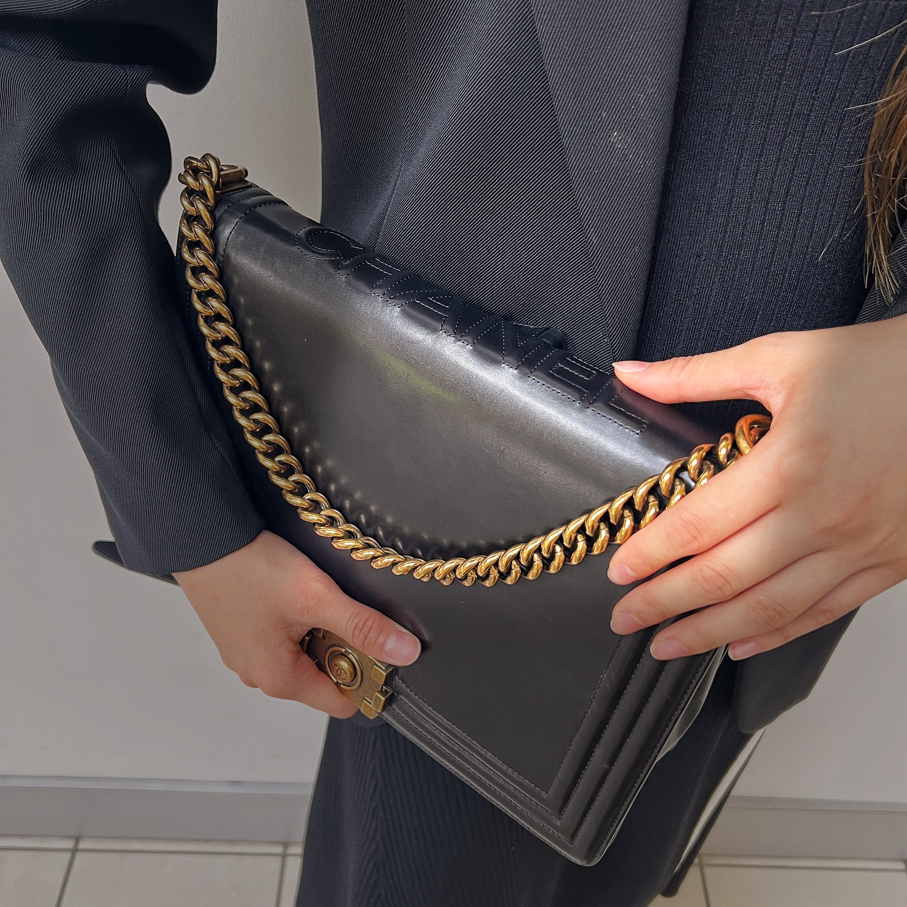 Chanel glazed leather le boy flap bag TWS