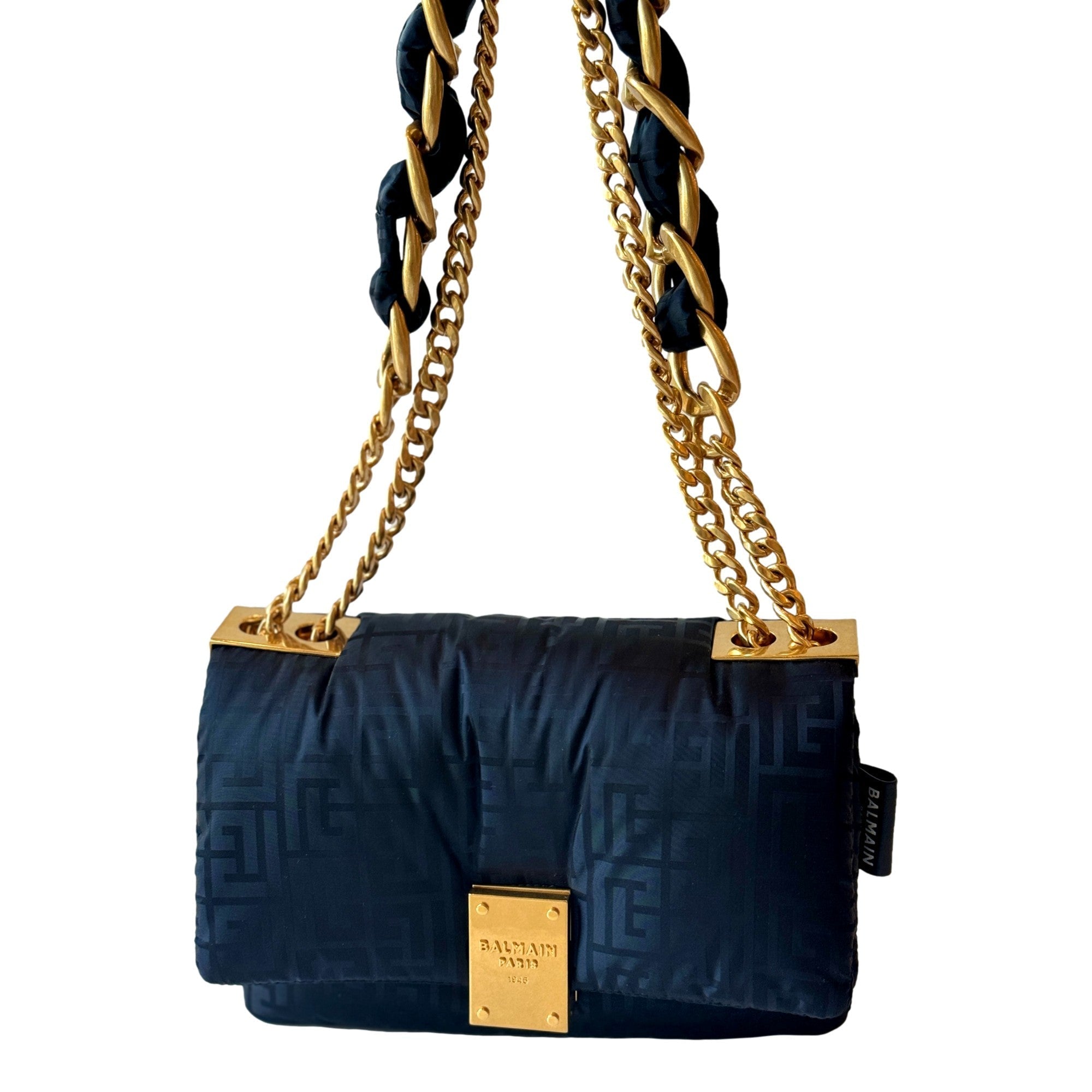 Balmain 1945 Nylon Monogram Flap Crossbody Shoulder Bag Black Small