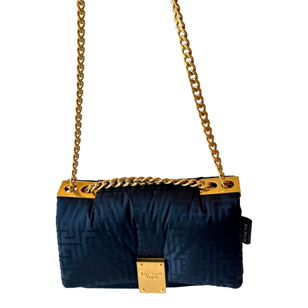 Balmain 1945 Nylon Monogram Flap Crossbody Shoulder Bag Black Small