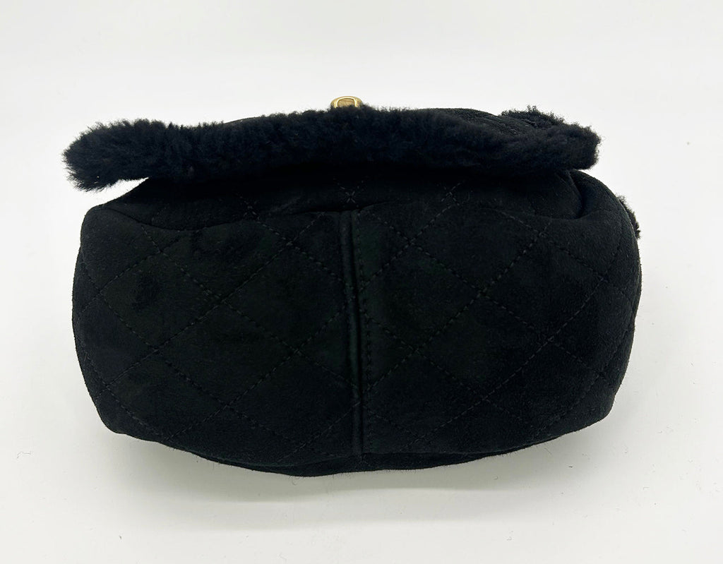 Chanel Black Suede Shearling Small Accordion Flap Bag
