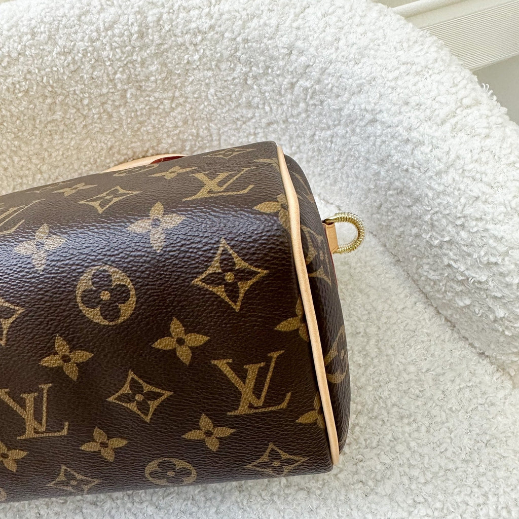 LV Speedy Bandouliere 20 in Monogram Canvas and Black Patterned Strap