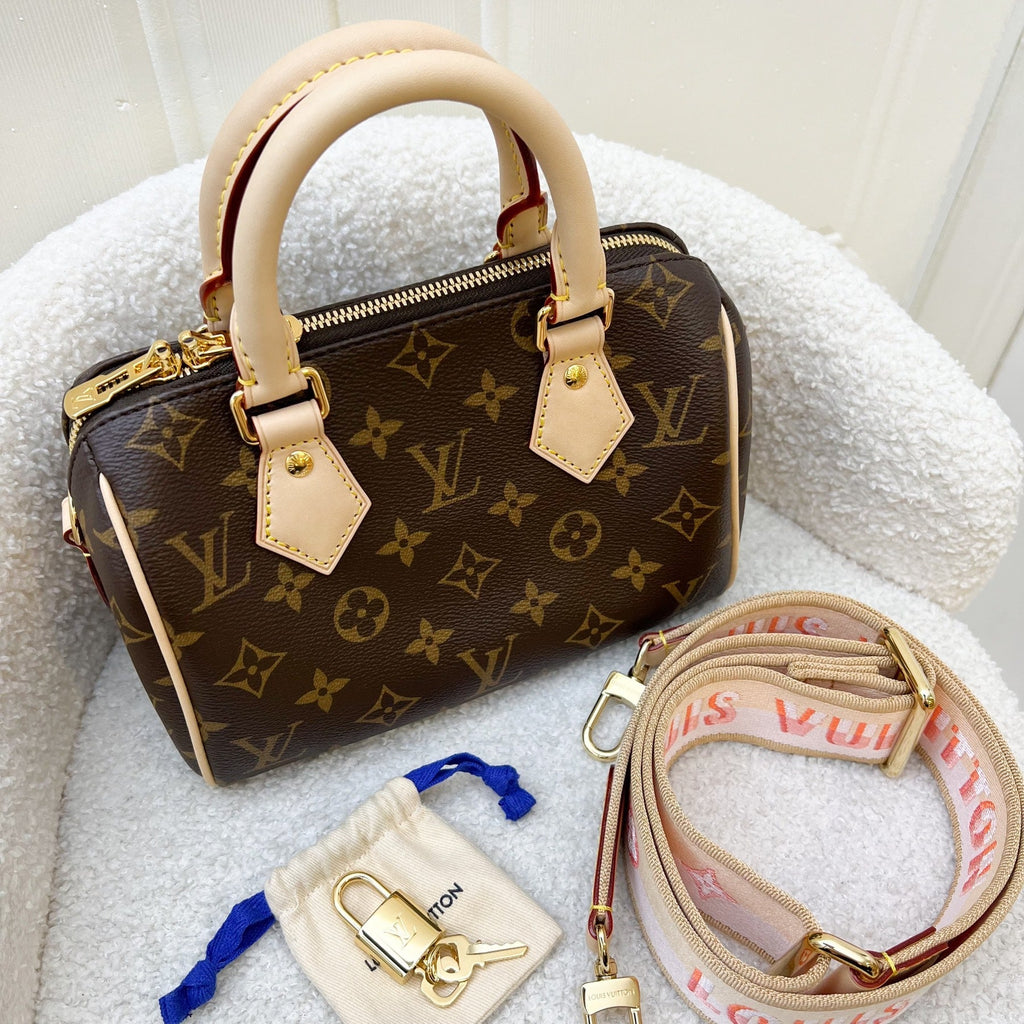 LV Speedy Bandouliere 20 in Monogram Canvas and Pink / Orange Patterned Strap