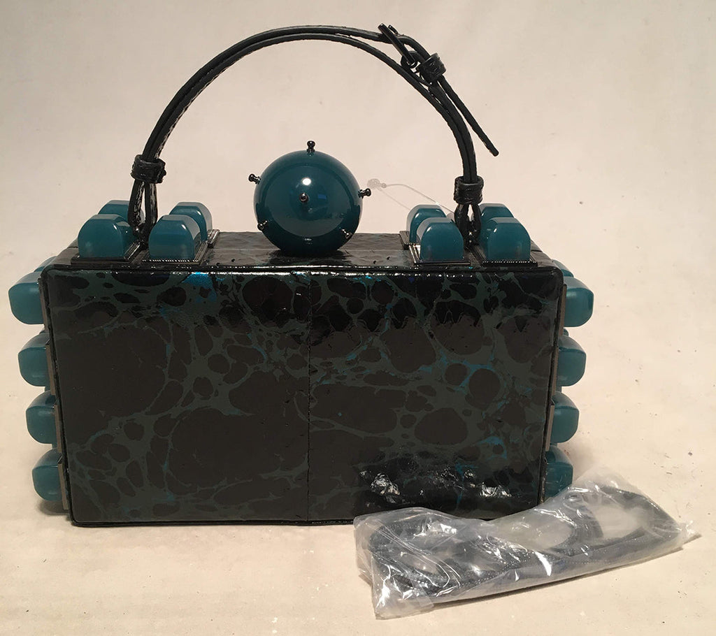 Tonya Hawkes Black Teal and Green Leather Paint Splatter Convertible Clutch