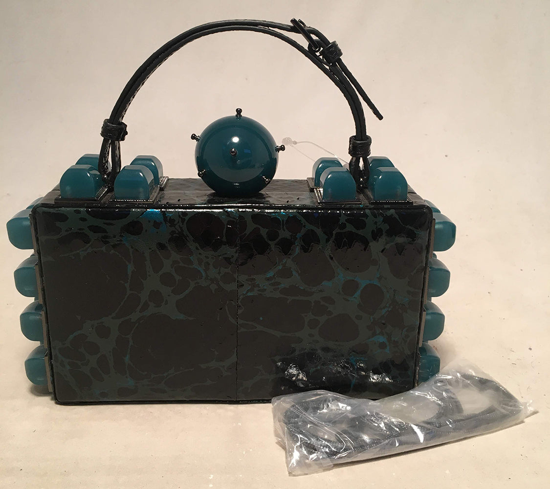 Tonya Hawkes Black Teal and Green Leather Paint Splatter Convertible Clutch