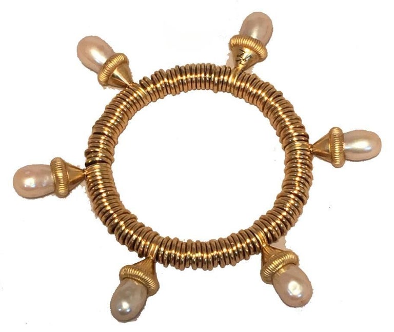 Vintage Kenneth Jay Lane Gold Wire Wrapped Pearl Drop Bangle Bracelet