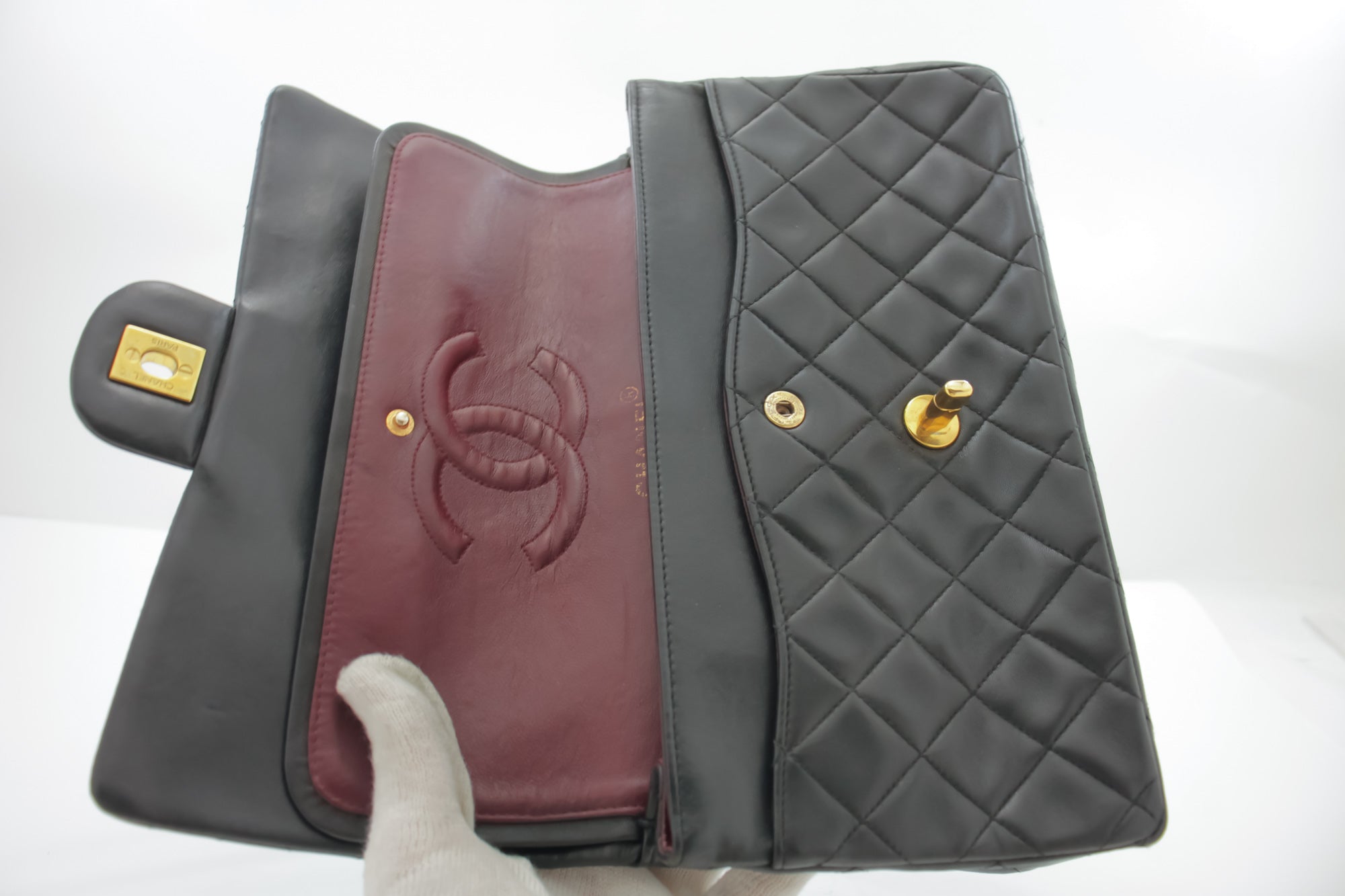 CHANEL Classic Double Flap 10" Chain Shoulder Bag Black Lambskin i68