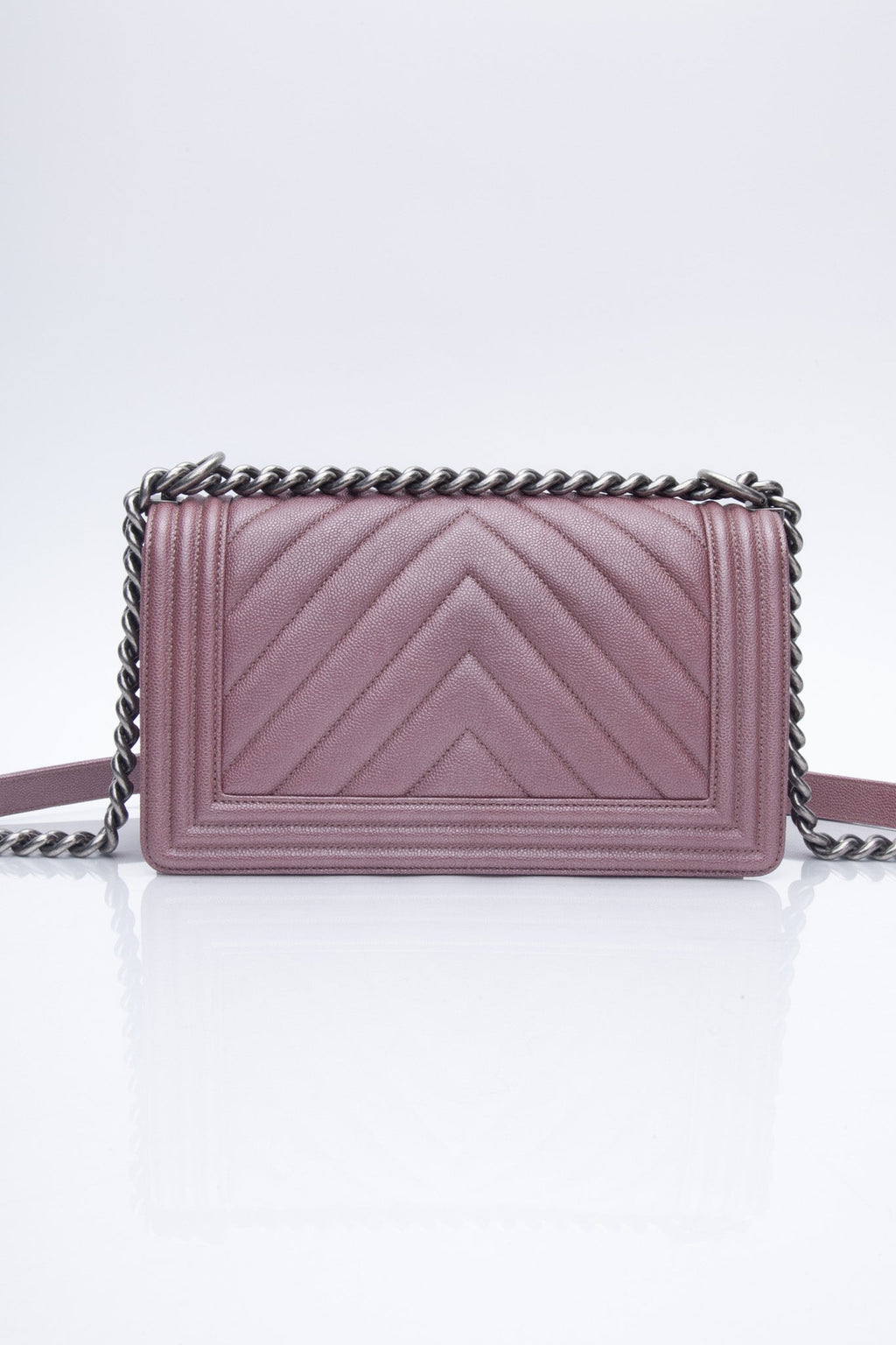 CHANEL Dark Pink Metallic Caviar Chevron Quilted Medium Boy Flap bag