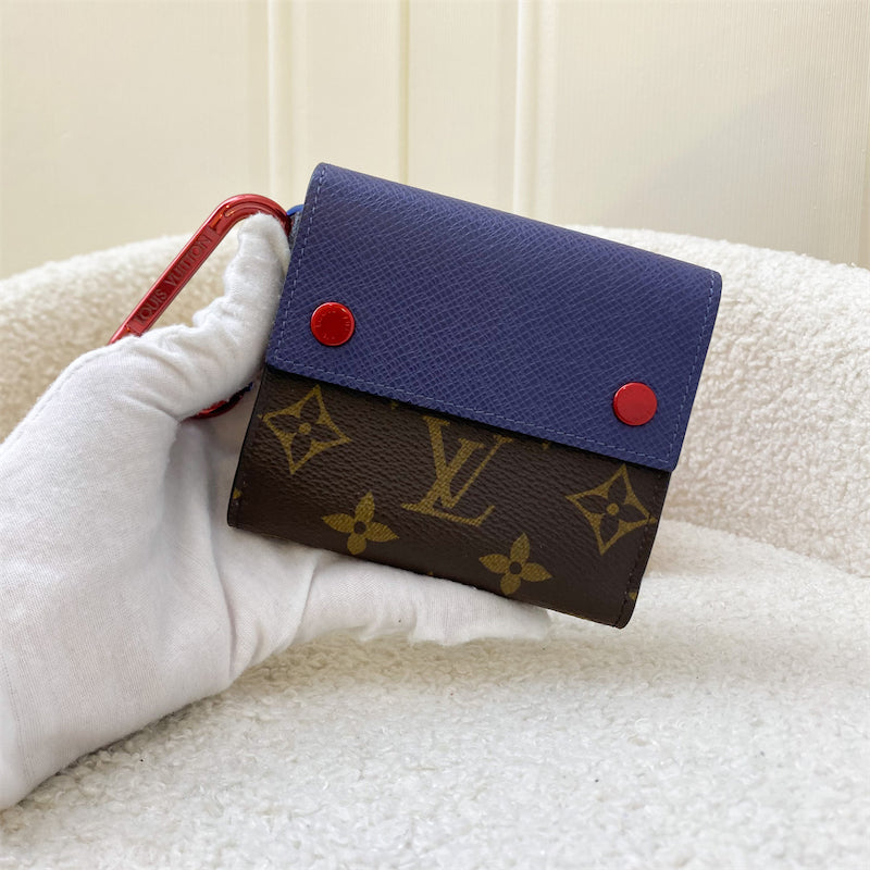 LV Kim Jones Bifold Compact Wallet in Monogram Canvas and Dark Blue Leather