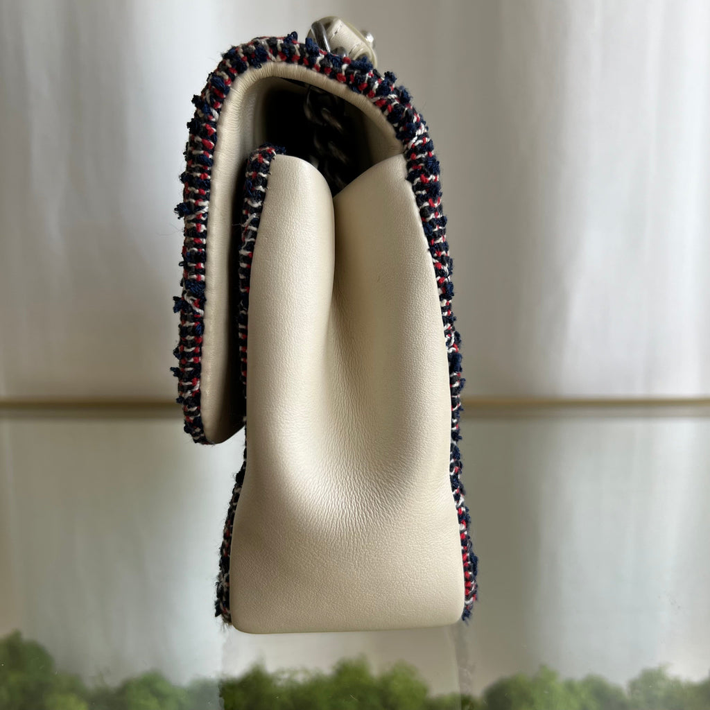 CHANEL Red/Blue Tweed Quilted Medium Single Flap Shoulder Bag