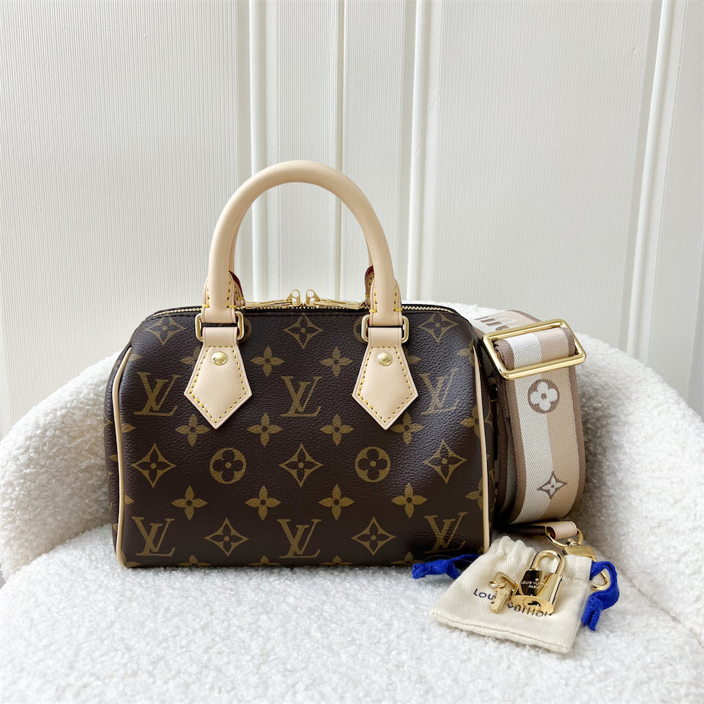LV Speedy Bandouliere 20 in Monogram Canvas and Beige Patterned Strap