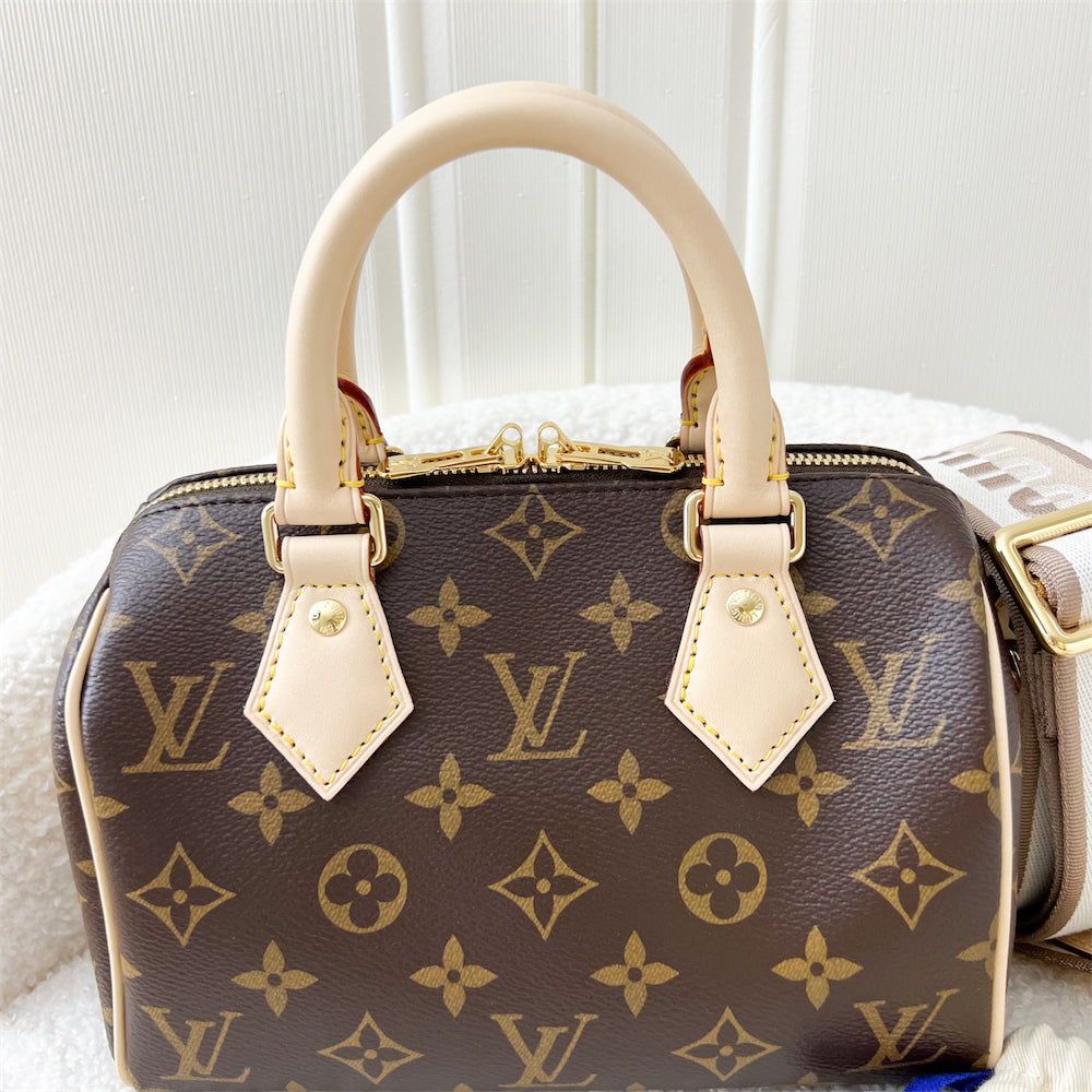 LV Speedy Bandouliere 20 in Monogram Canvas and Beige Patterned Strap