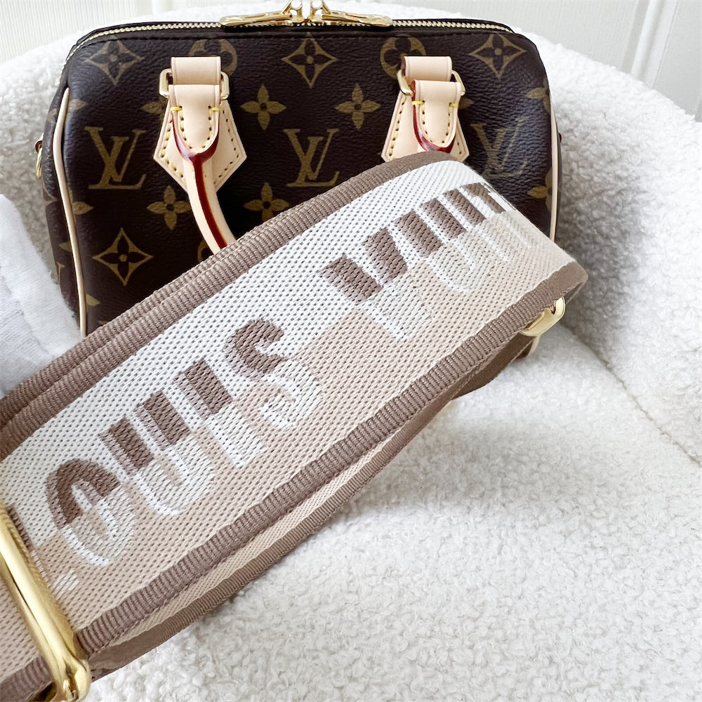 LV Speedy Bandouliere 20 in Monogram Canvas and Beige Patterned Strap