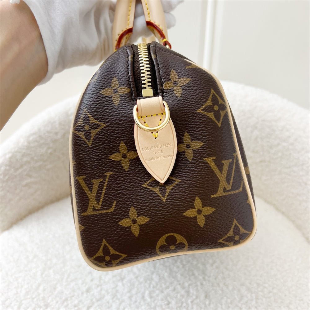 LV Speedy Bandouliere 20 in Monogram Canvas and Beige Patterned Strap