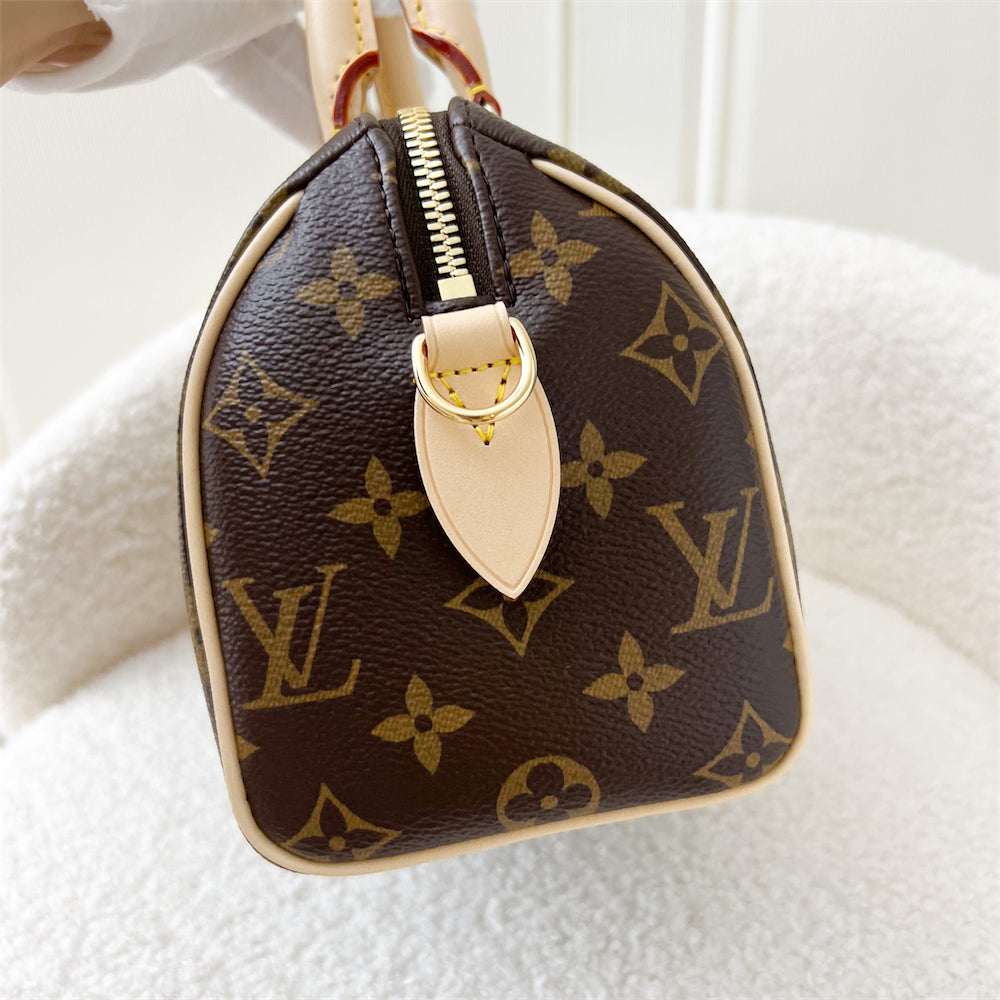 LV Speedy Bandouliere 20 in Monogram Canvas and Beige Patterned Strap
