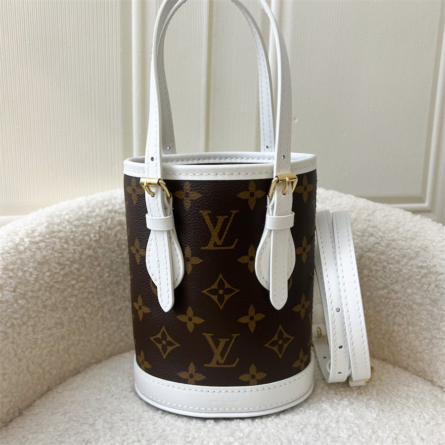 LV Nano Bucket Bag with Top Handle in White Leather and Monogram Canvas GHW (No Attached Pouch)