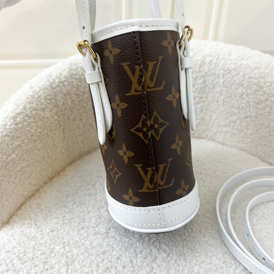 LV Nano Bucket Bag with Top Handle in White Leather and Monogram Canvas GHW (No Attached Pouch)