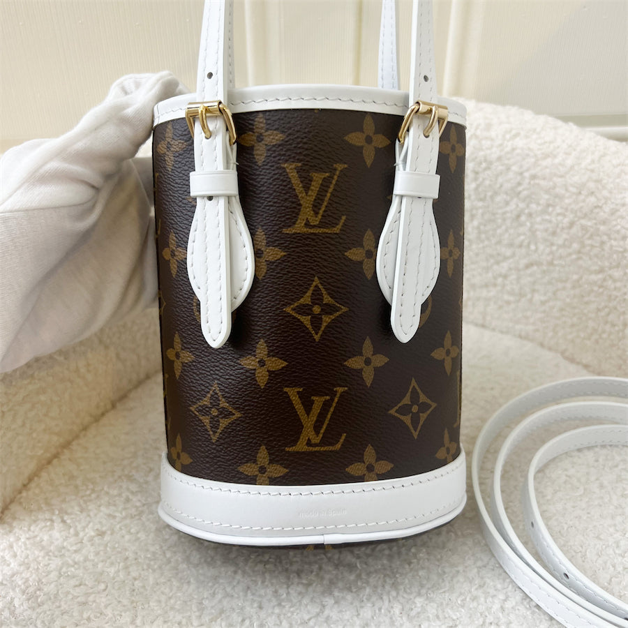 LV Nano Bucket Bag with Top Handle in White Leather and Monogram Canvas GHW (No Attached Pouch)
