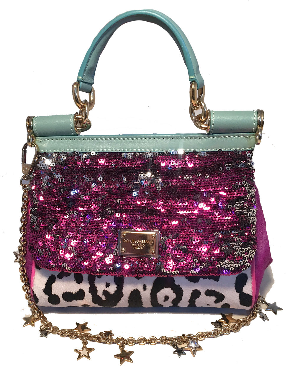 Dolce and Gabbana Pink Sequin Zebra Calf Hair Leather Small Miss Sicily Baguette