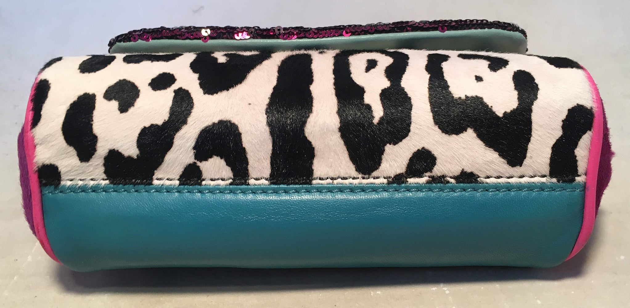 Dolce and Gabbana Pink Sequin Zebra Calf Hair Leather Small Miss Sicily Baguette
