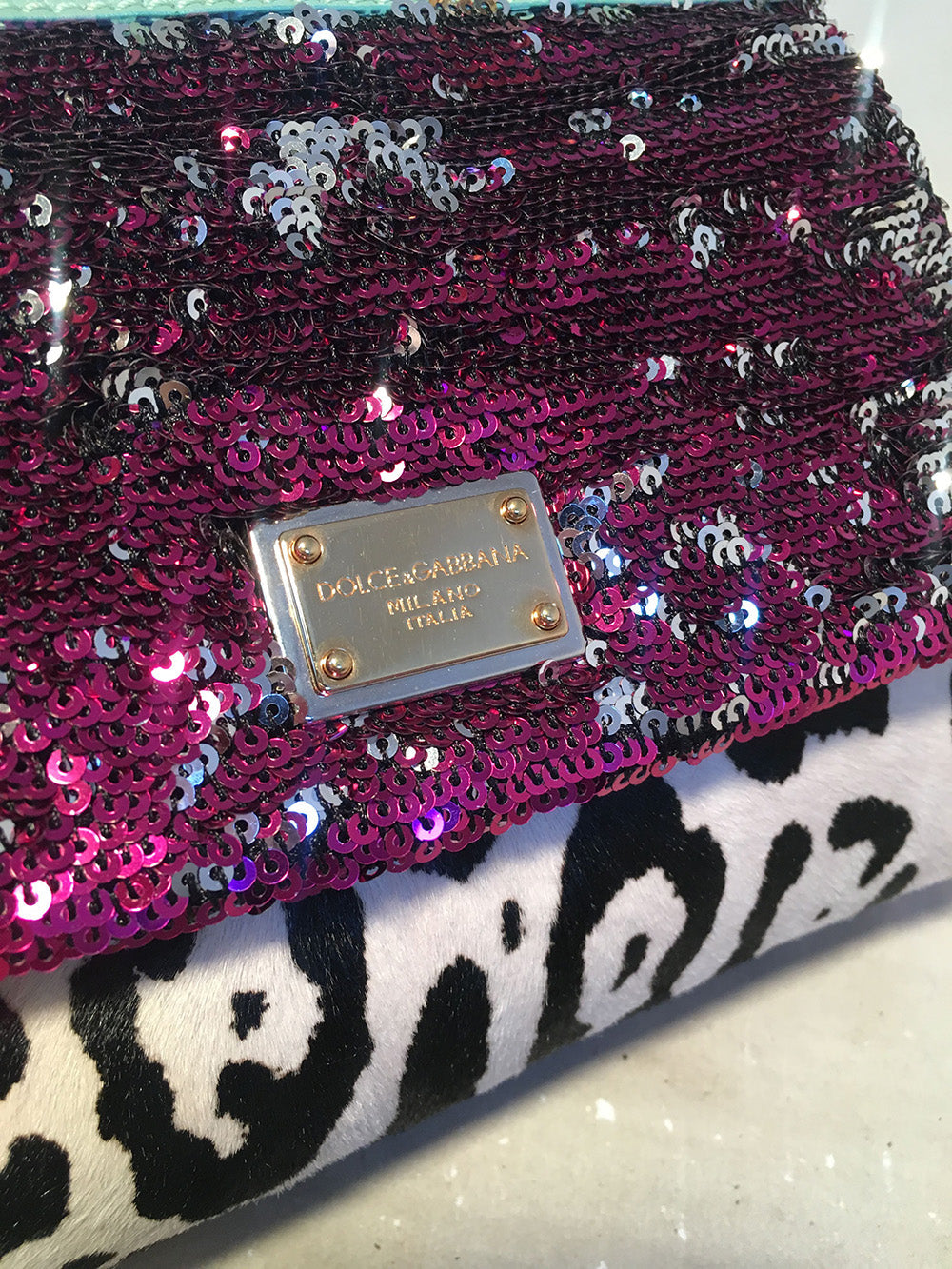 Dolce and Gabbana Pink Sequin Zebra Calf Hair Leather Small Miss Sicily Baguette