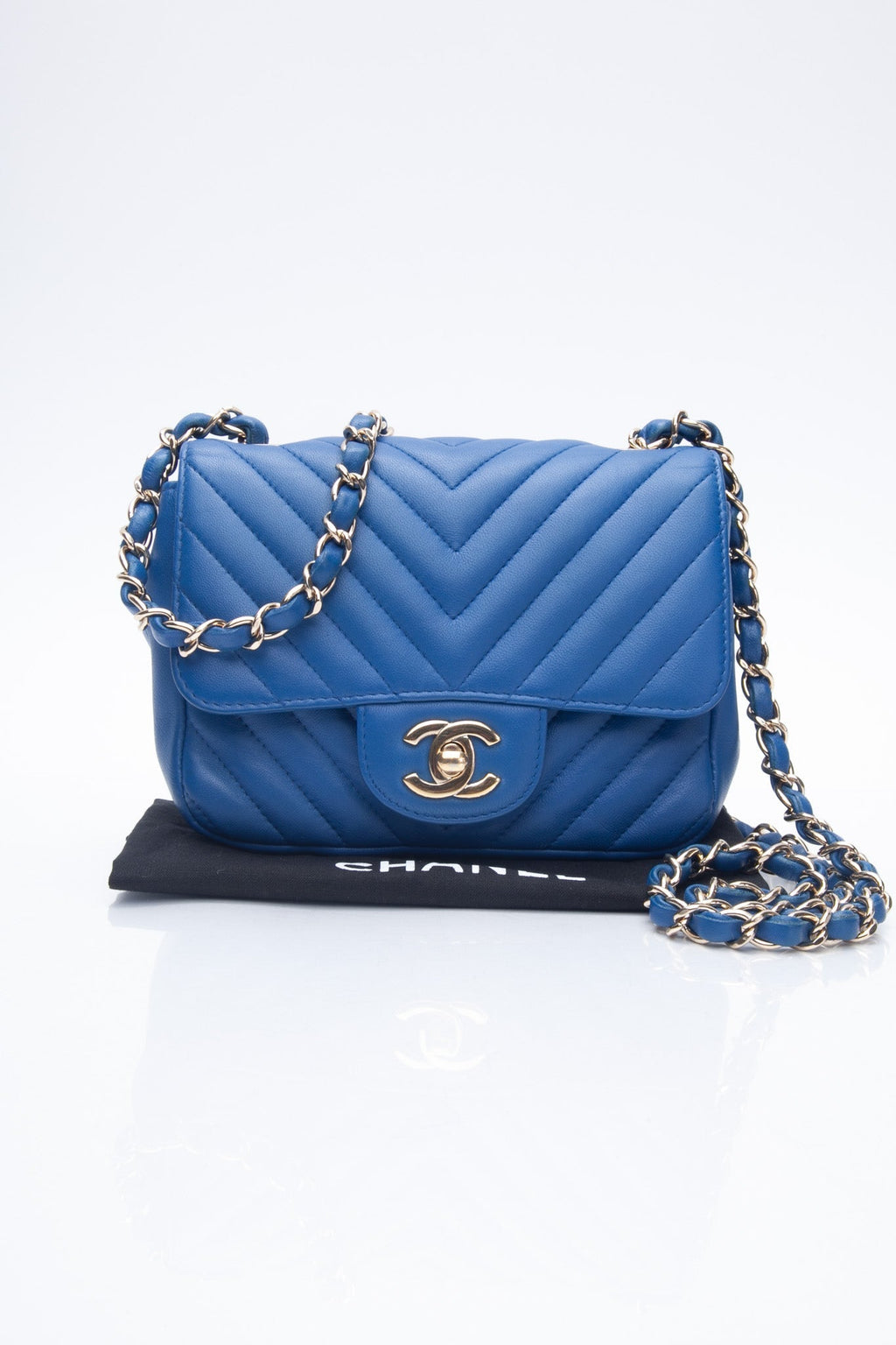 CHANEL Chevron Lambskin Blue Leather Square Mini Flap Bag