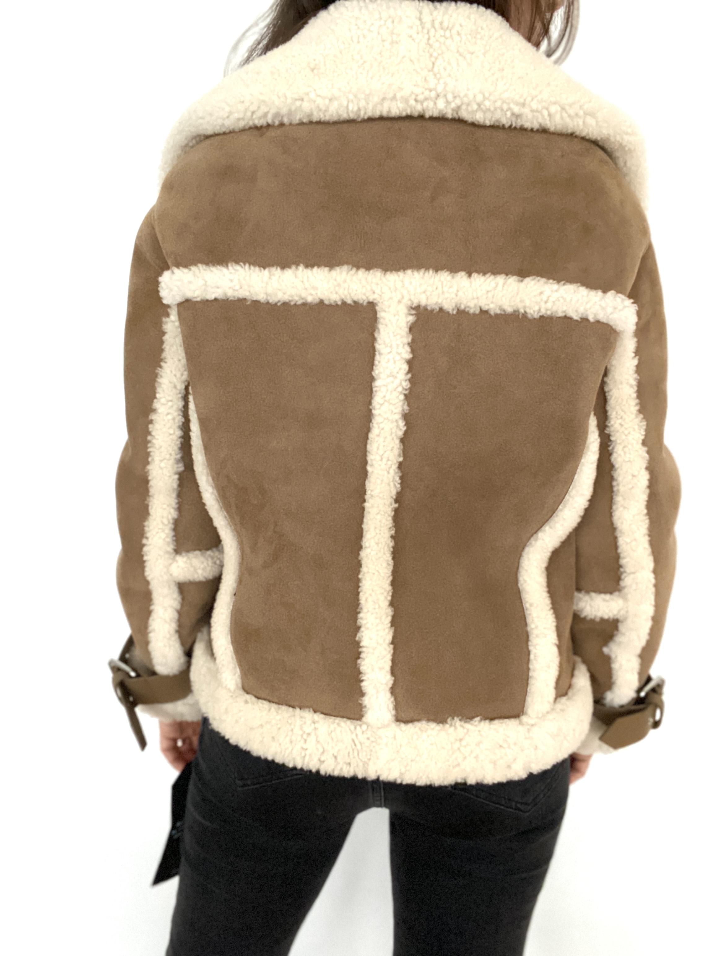 ALL SAINTS Farley Shearling Aviator Jacket in Brown/Ecru - Size M
