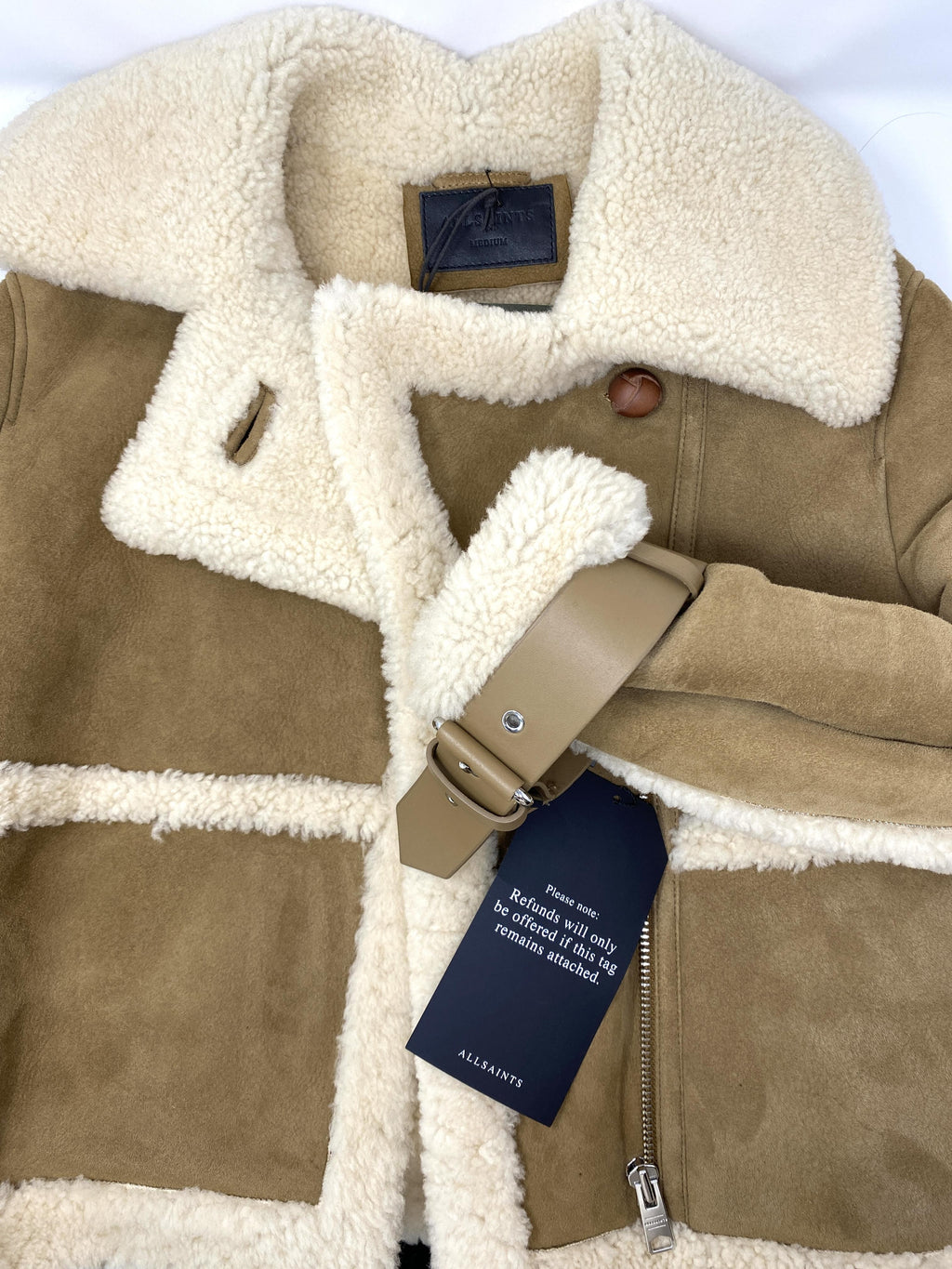 ALL SAINTS Farley Shearling Aviator Jacket in Brown/Ecru - Size M