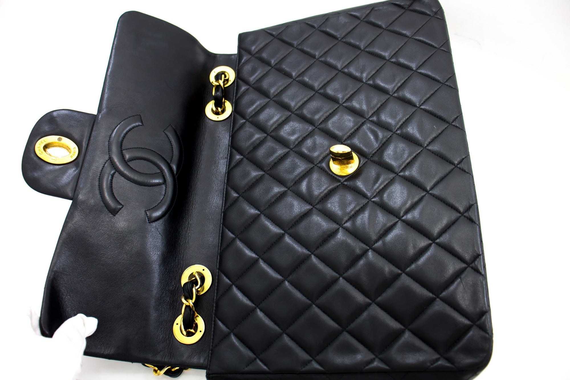 CHANEL Classic Maxi 13" 2.55 Flap Chain Shoulder Bag Black Lamb h22