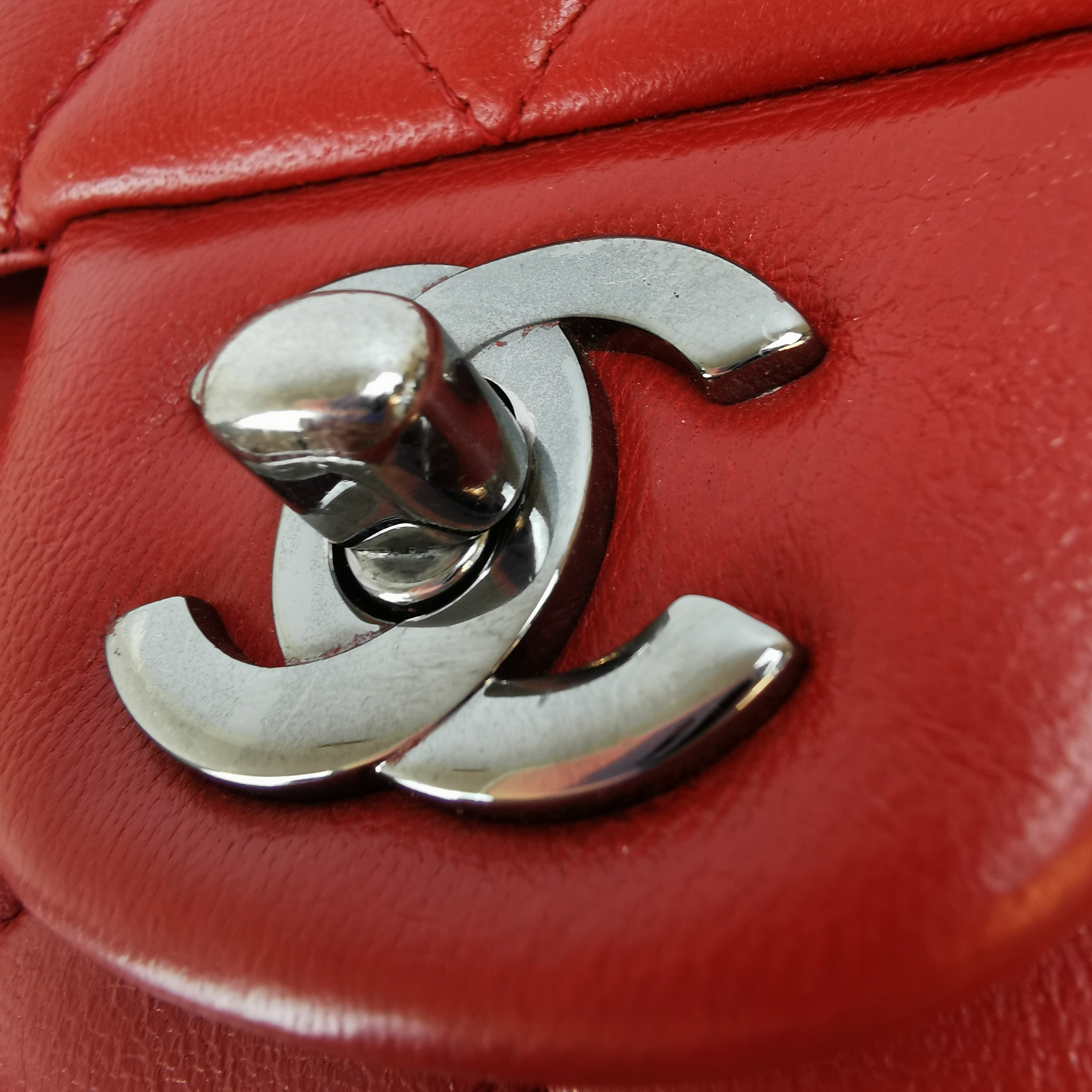 Chanel Classic Double Flap Medium Red Lambskin Silver