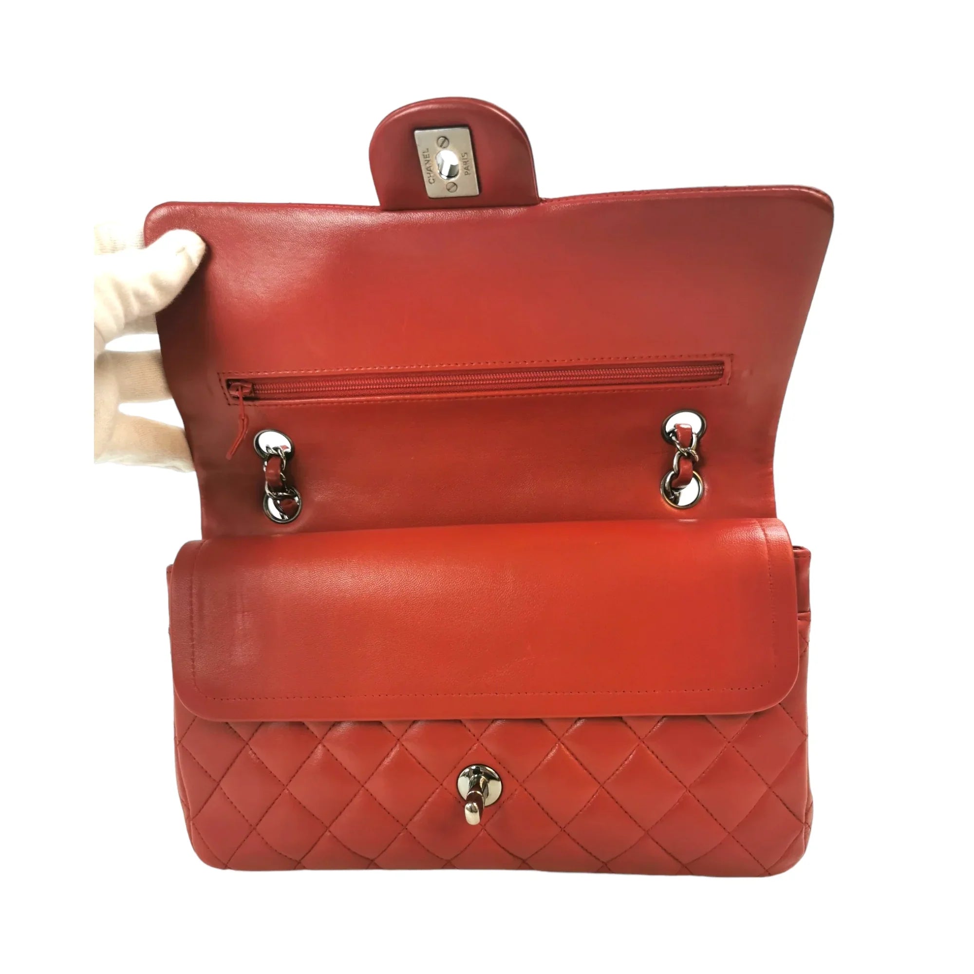 Chanel Classic Double Flap Medium Red Lambskin Silver