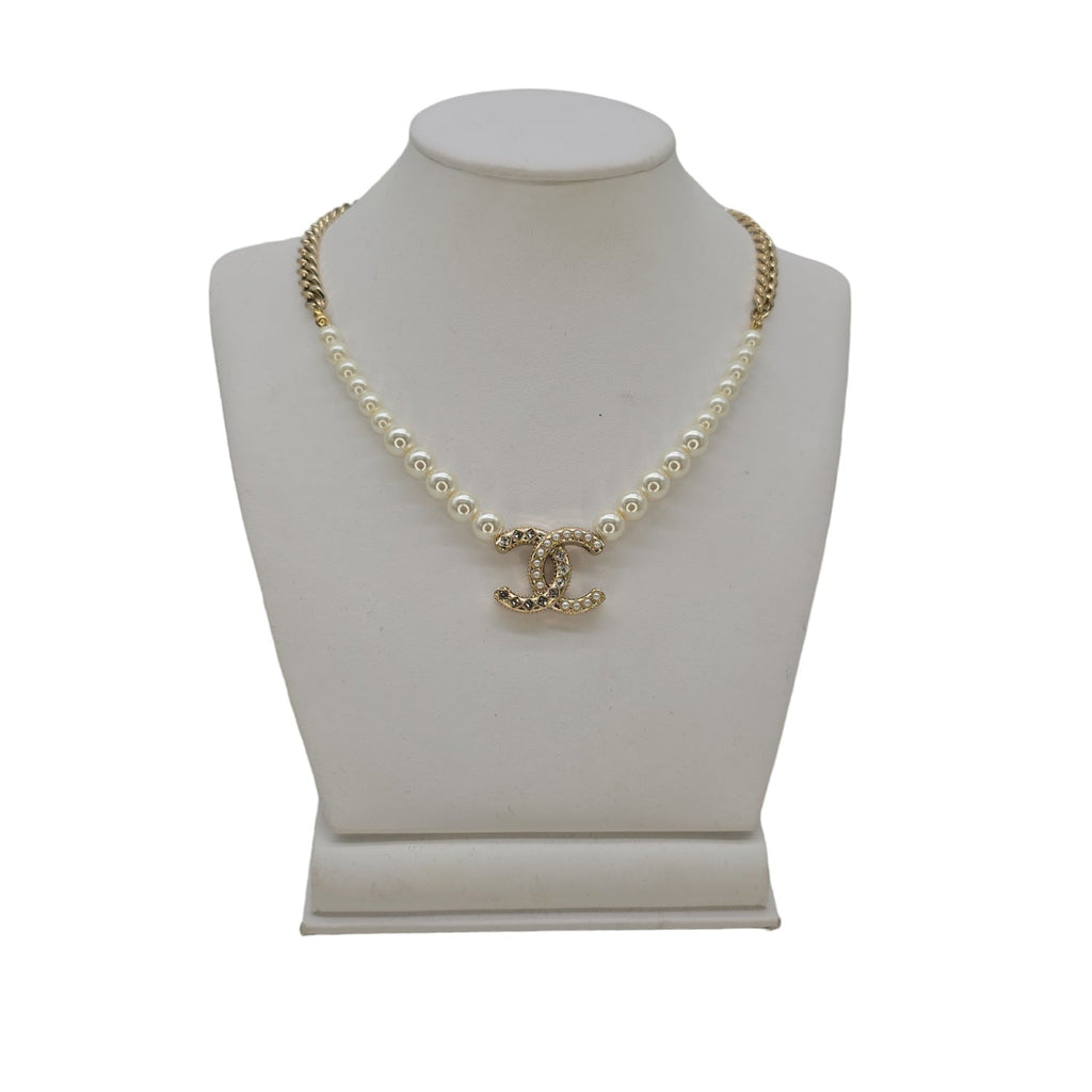 Chanel Faux Pearl and Crystal Baguette CC Necklace